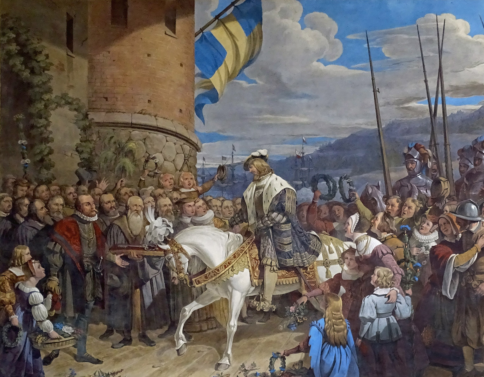 Gustav Vasa på en vit häst hälsas av en jublande folkmassa under ett torn med en svensk flagga.