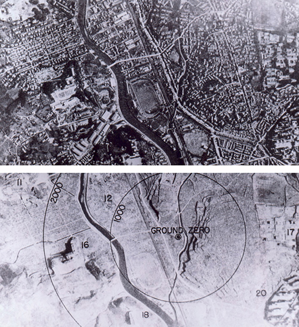 Staden före och efter explosionen.