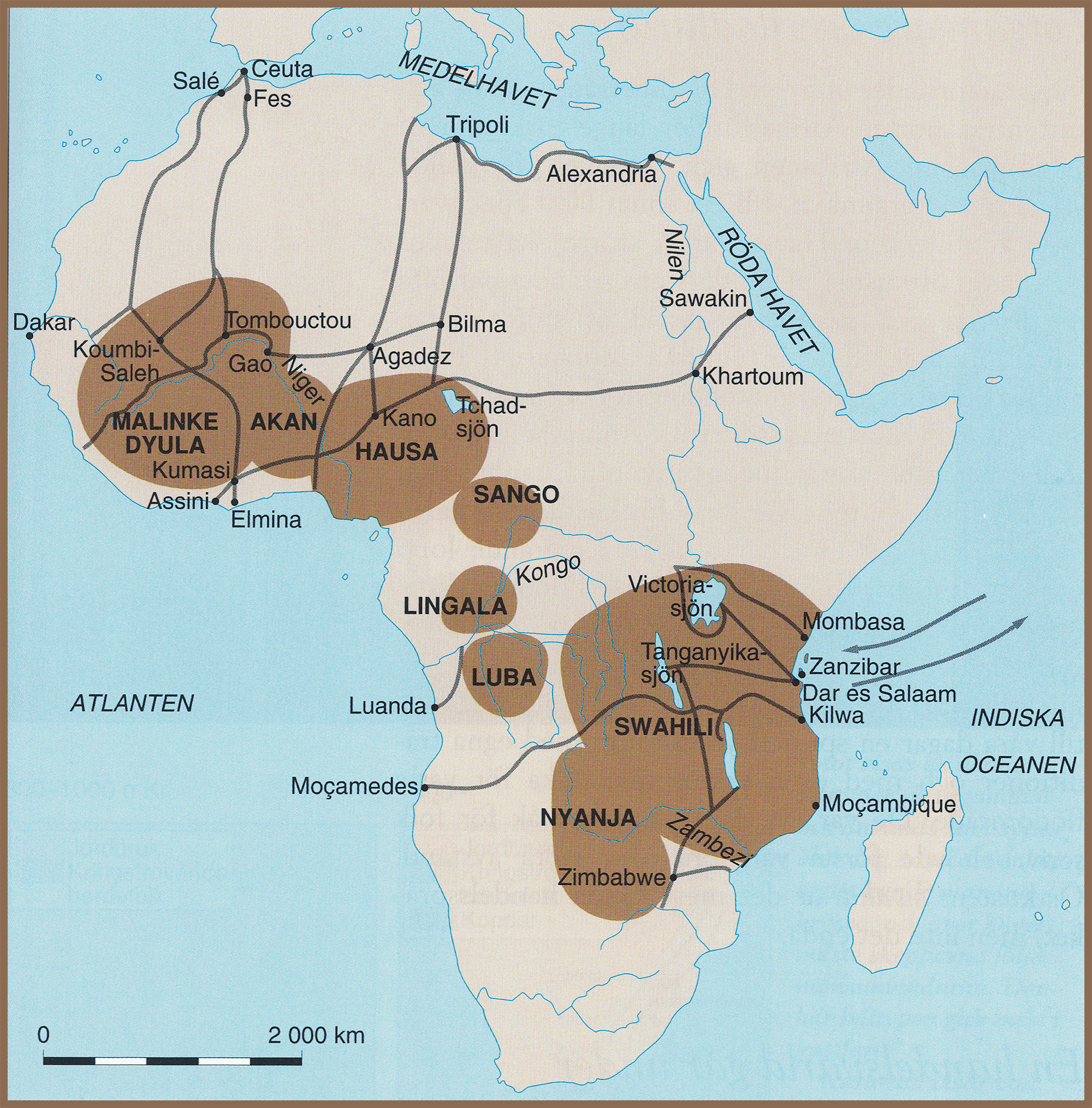 Karta över handelsvägar i Afrika.