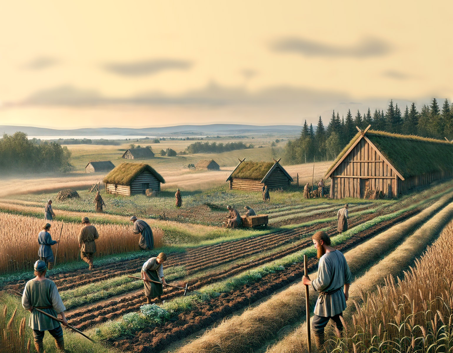 Vikingatida gård med folk som arbetar på åkrarna.