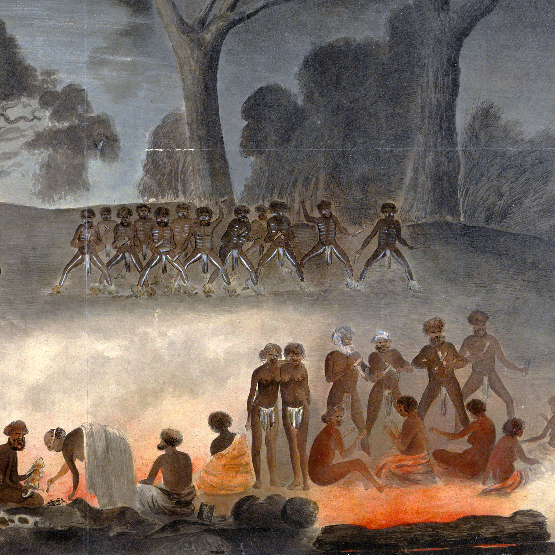 Aboriginer som dansar och festar framför stora lägereldar.