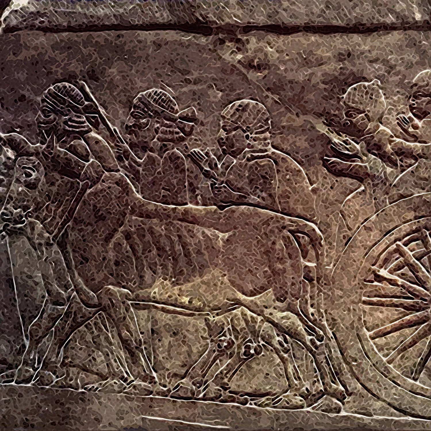 Relief som visar bönder och en oxe som drar en vagn.