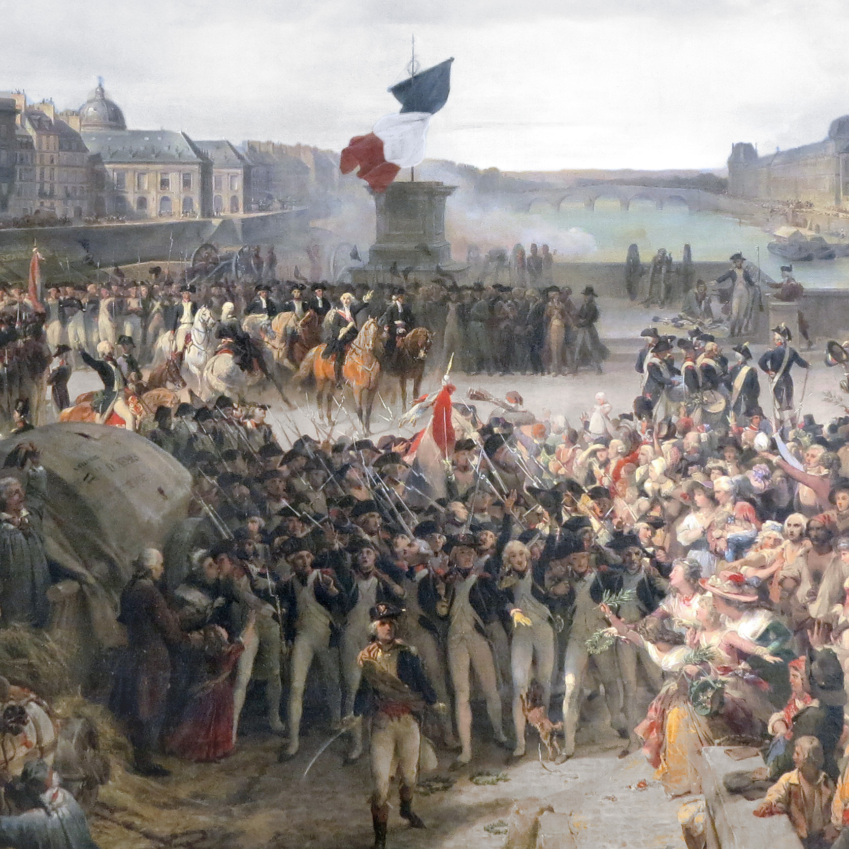 Franska nationalgardister marscherar genom Paris på väg till fronten. Folket jublar längs sidorna på gatan.