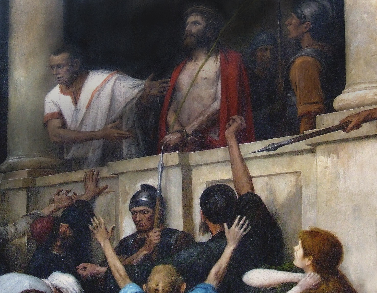 En fängslad Jesus visas upp på en balkong inför en folkmassa.