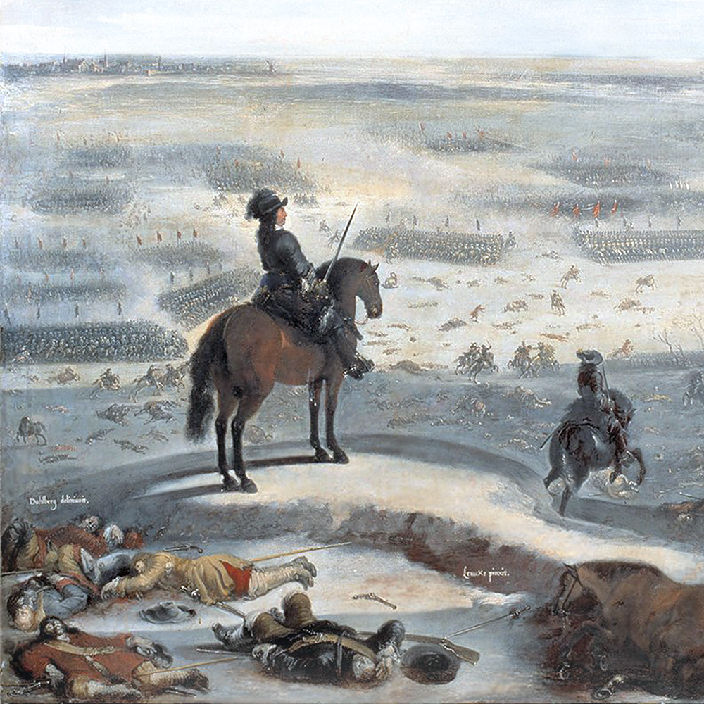 Karl V Gustav sitter på sin häst och blicjar ut över striderna på lilla bälts isar.