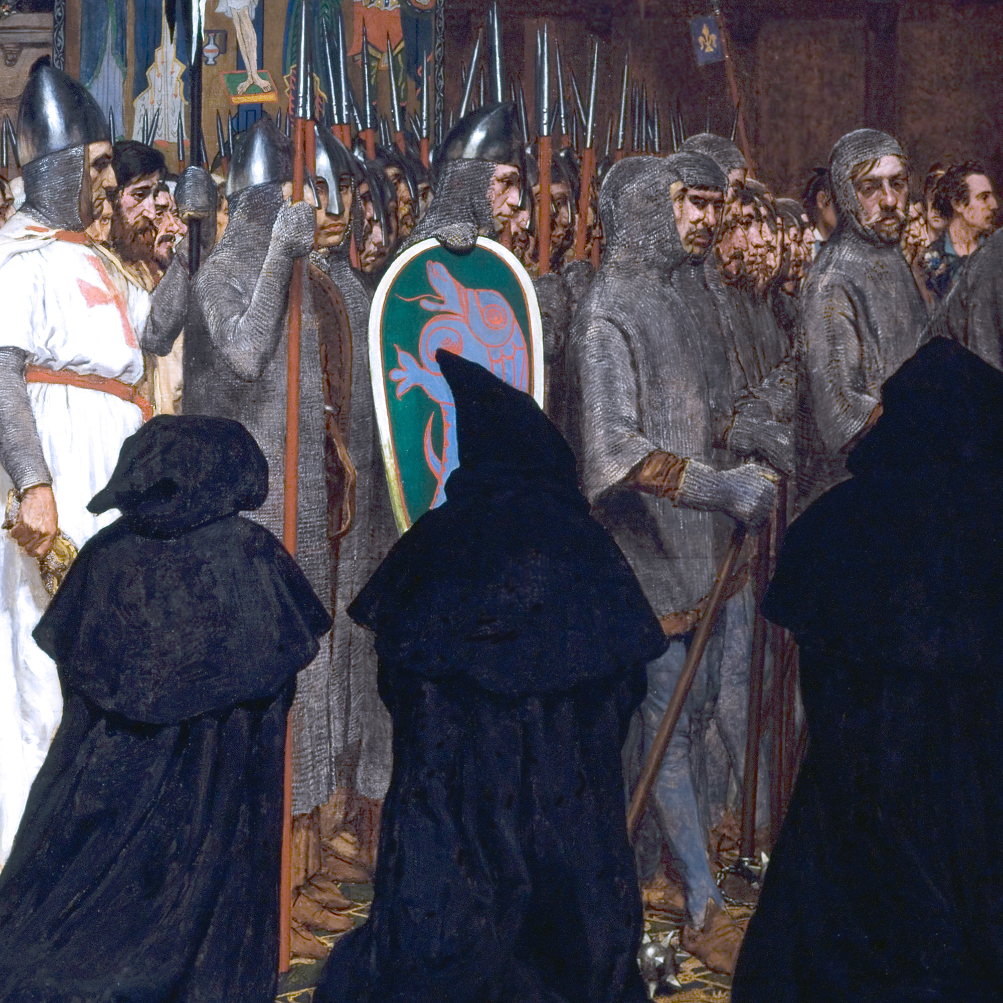 Medeltida soldater och riddare på gudstjänst i en stor kyrka.