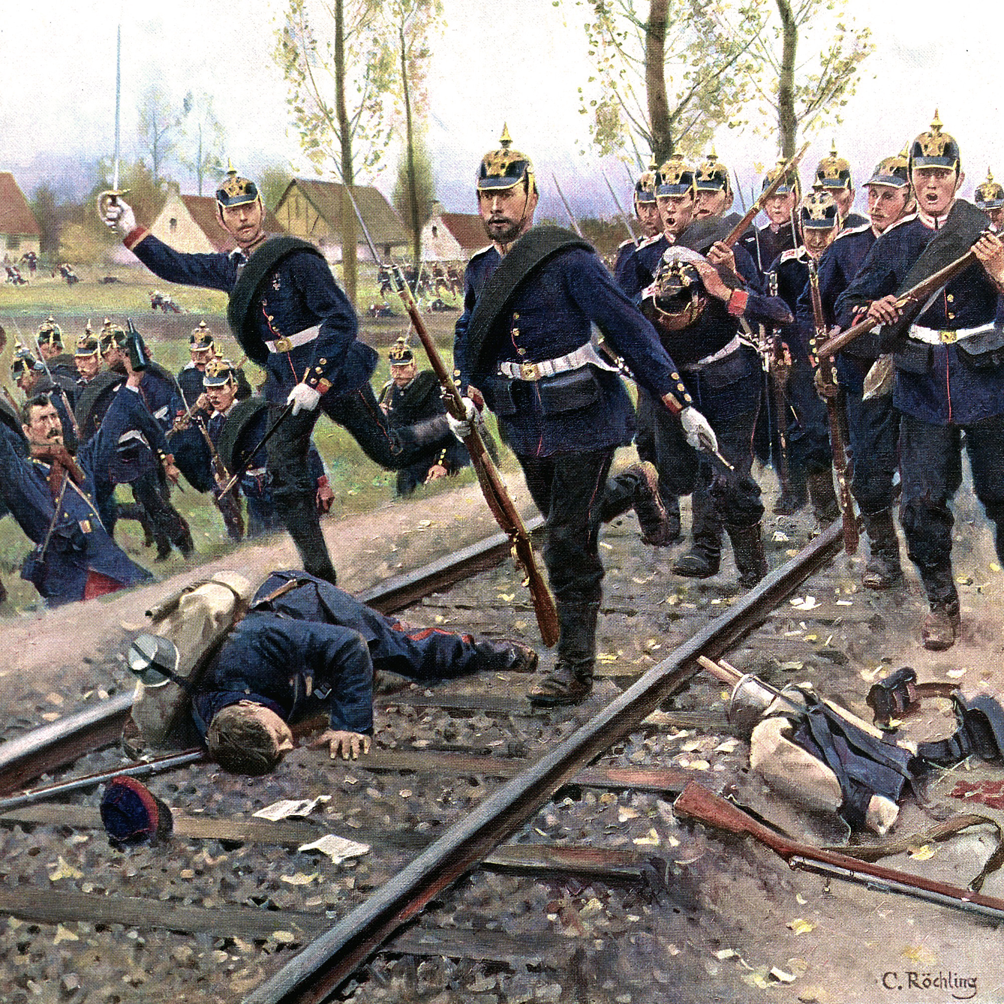 Tyska soldater under det fransk-tyska kriget 1870, som rycker fram på en banvall längs en järnvägsräls.
