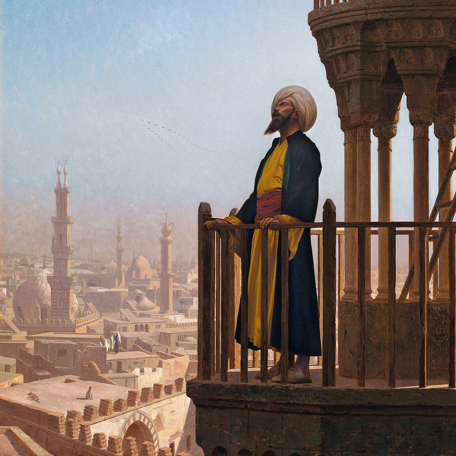 Böneutropare i en minaret med vy över medeltidens Kairo.