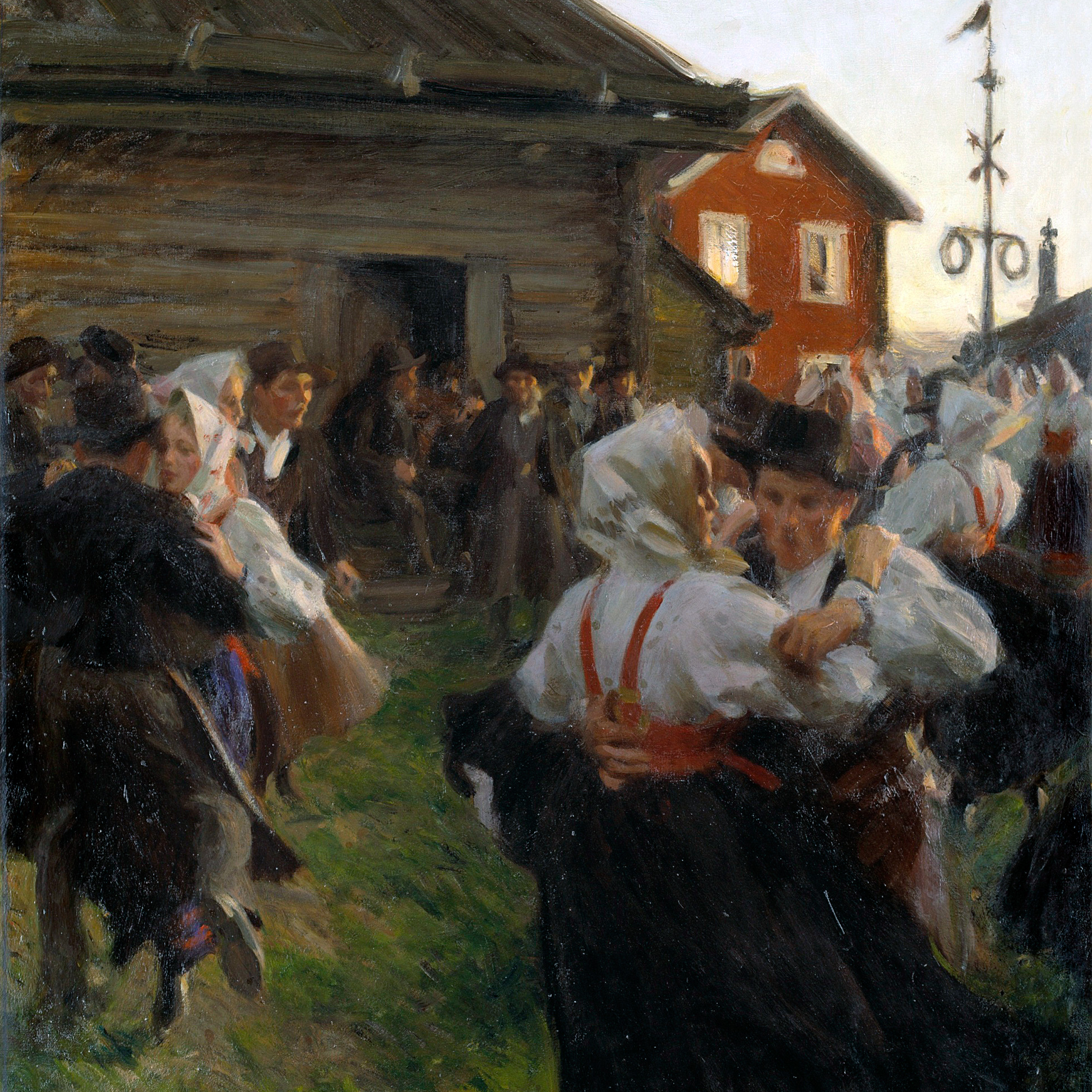1800-tals målning. Par i svenska folkdräkter som dansar vid en röd stuga med vita knutar. Midsommar.
