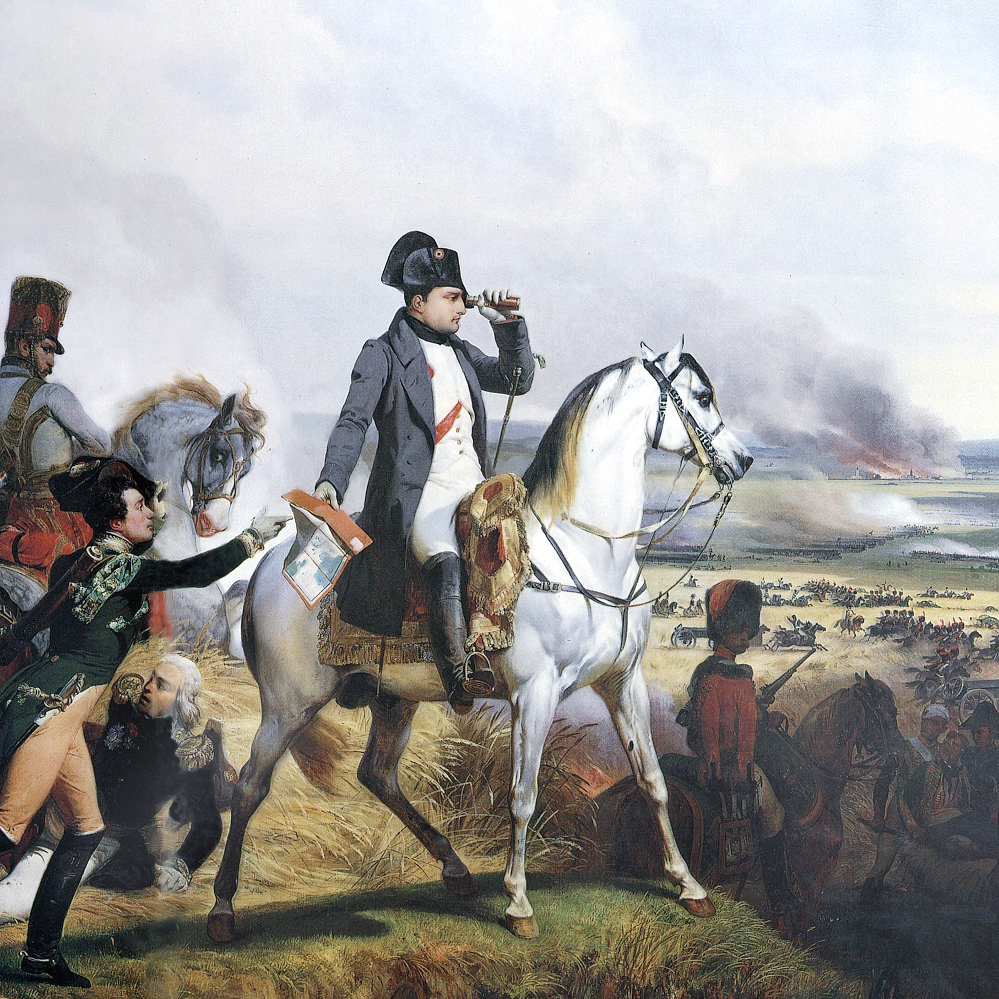 Napoleon sittandes på en häst med fältkikare. HAn blickar ut över slagfälten kring Wagram. Staden brinner i fjärran.