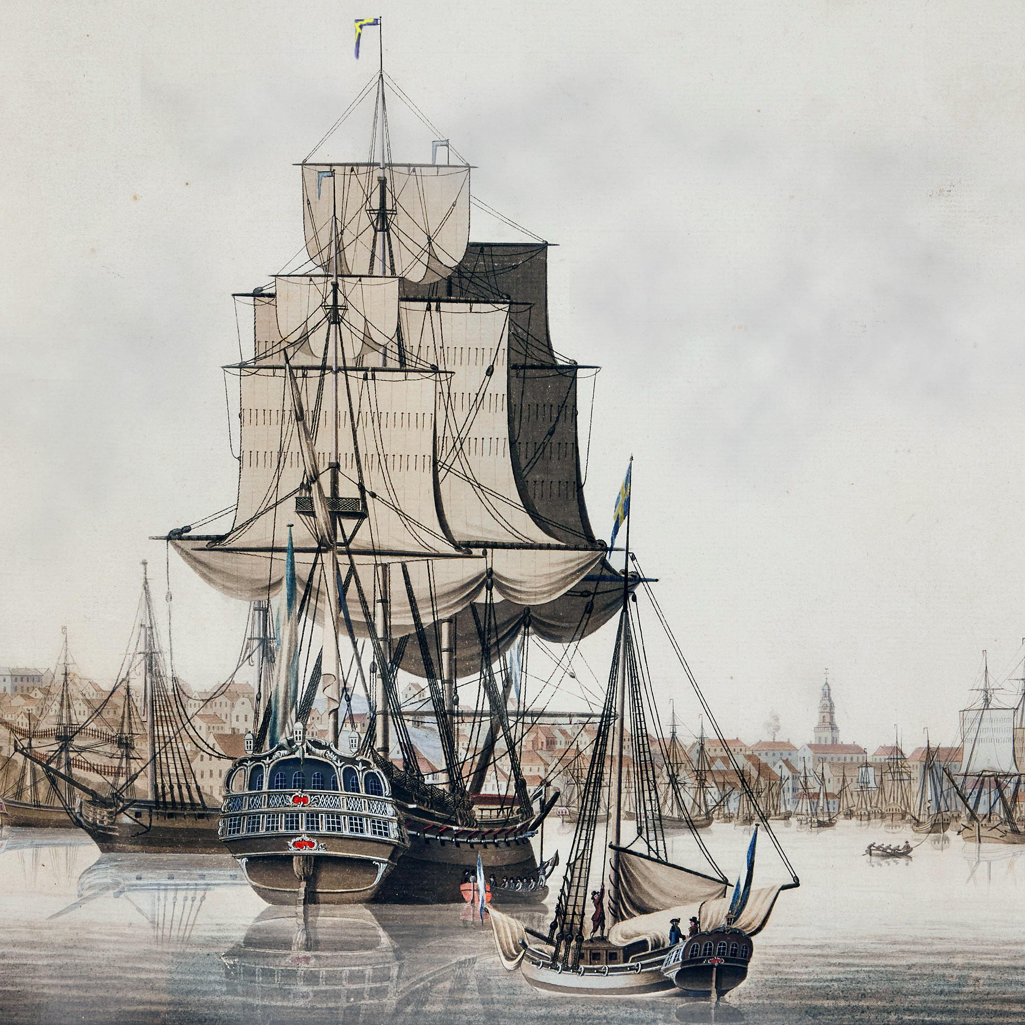 Ostindiefarare i Stockholms hamn på 1700-talet.