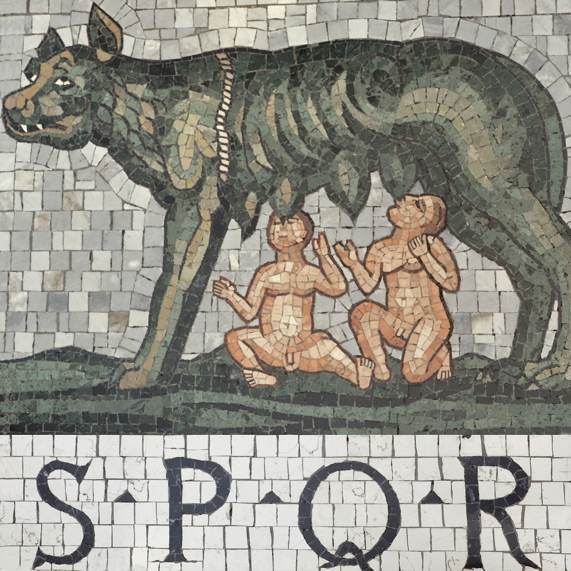VArghona med två människobarn - Romulus och Remus. Mosaik.