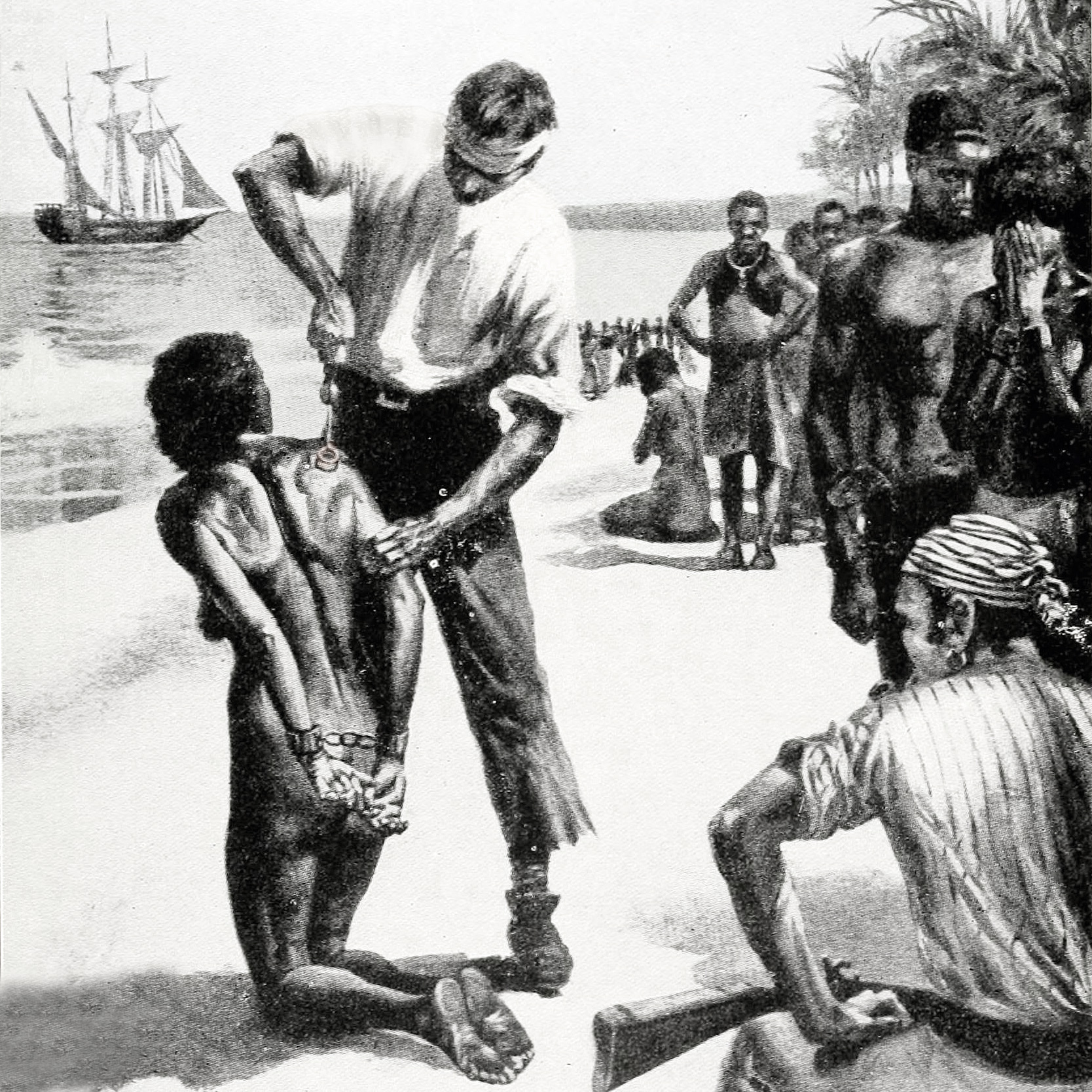 En bakbunden kvinna på knä blir brännmärkt av en slavhandlare. Scenen är en sandstrand i Afrika. I viken ligger ett slavskepp för ankar och på stranden finns ett tjugotal slavar samt ett par beväpnade vakter.