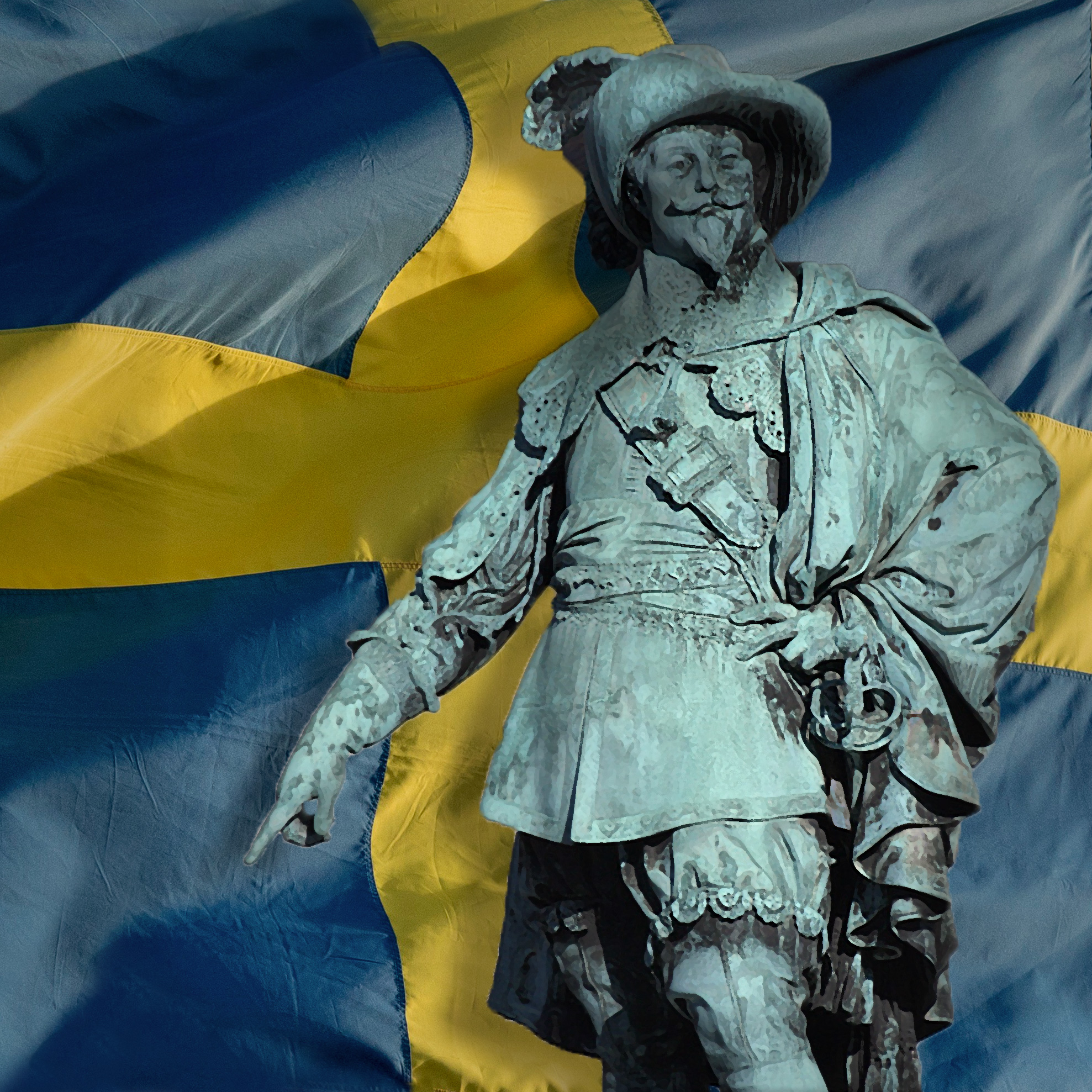Gustav II Adolf som staty står framför svenska flaggan