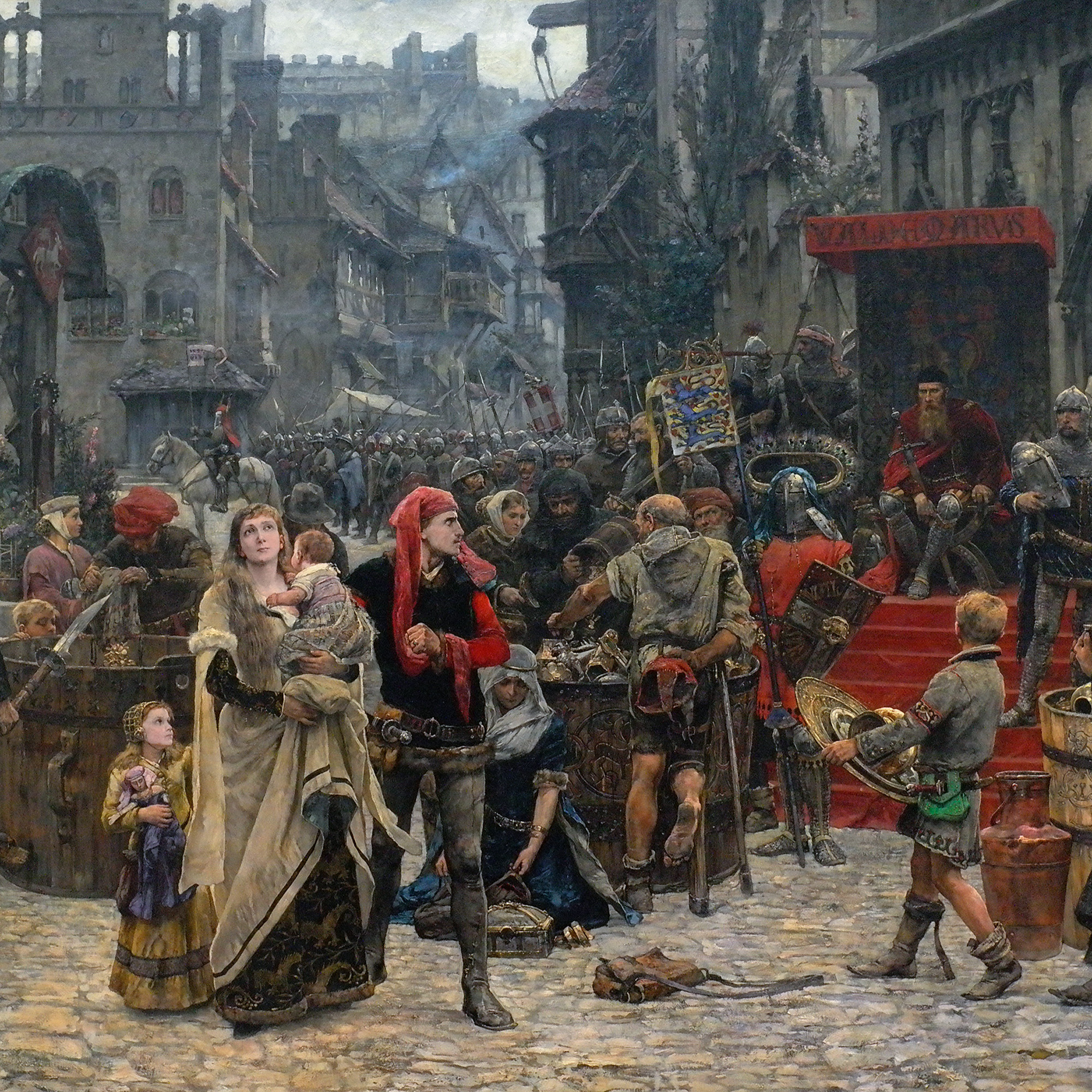 Folkvimmel på ett torg i Visby där Danmarks kung tar emot skatter från Visbys invånare.