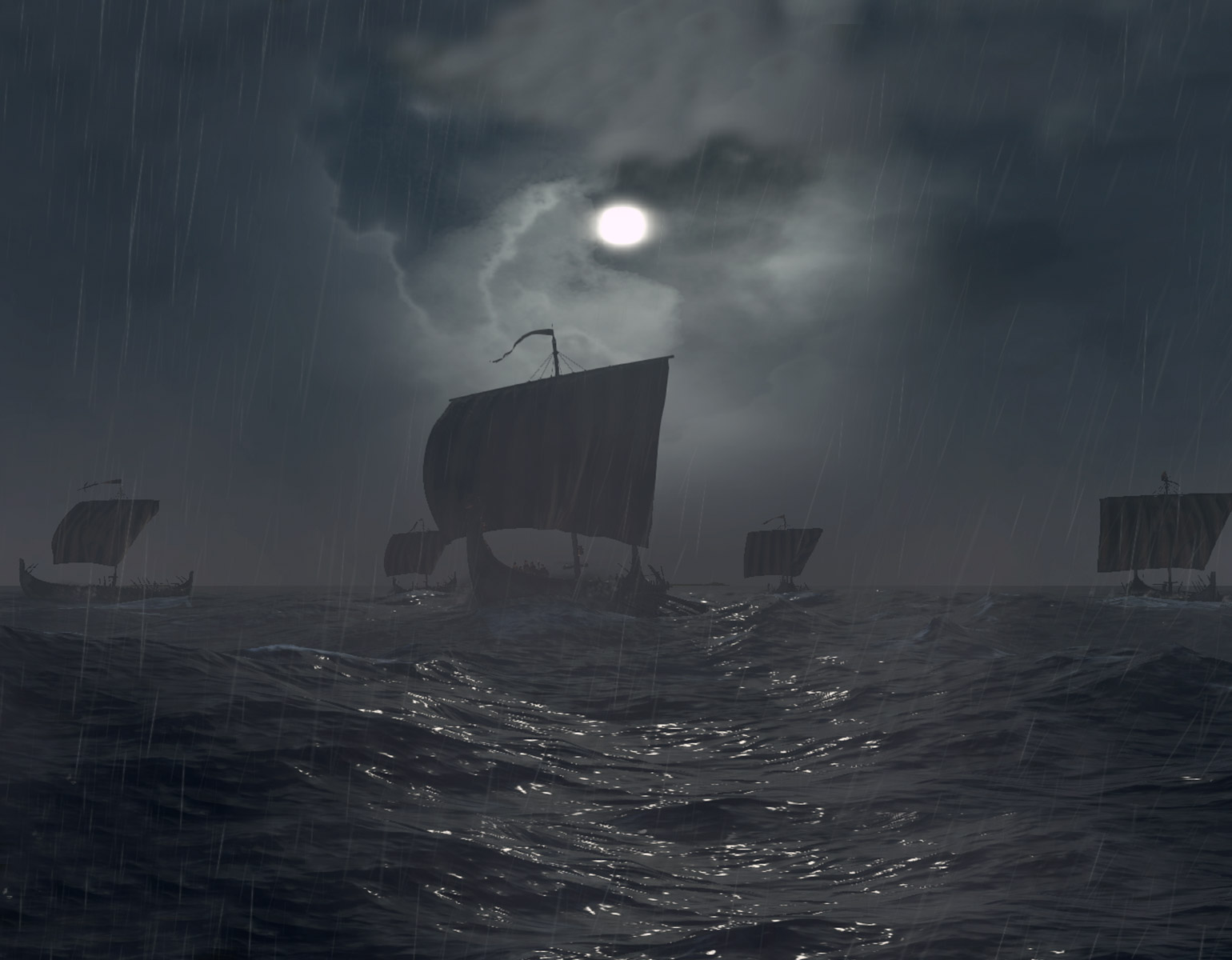 Vikingaskepp i månljus.
