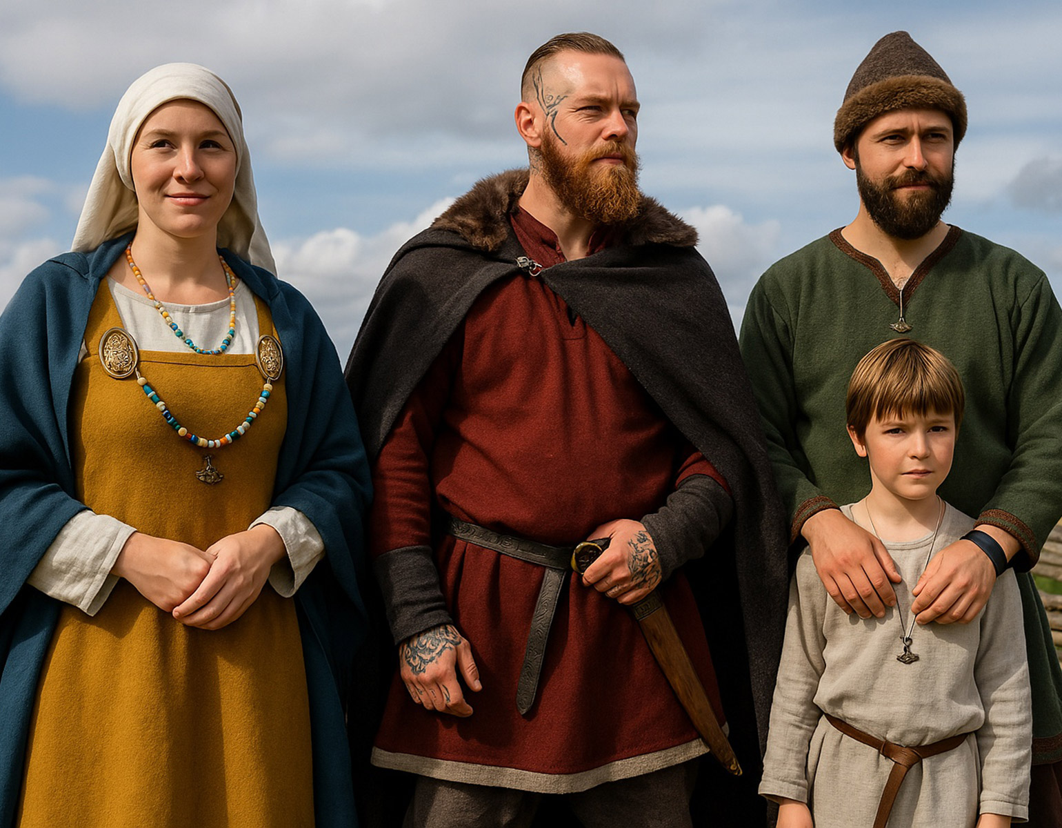 Vikingatida familj med tidstypiska kläder.