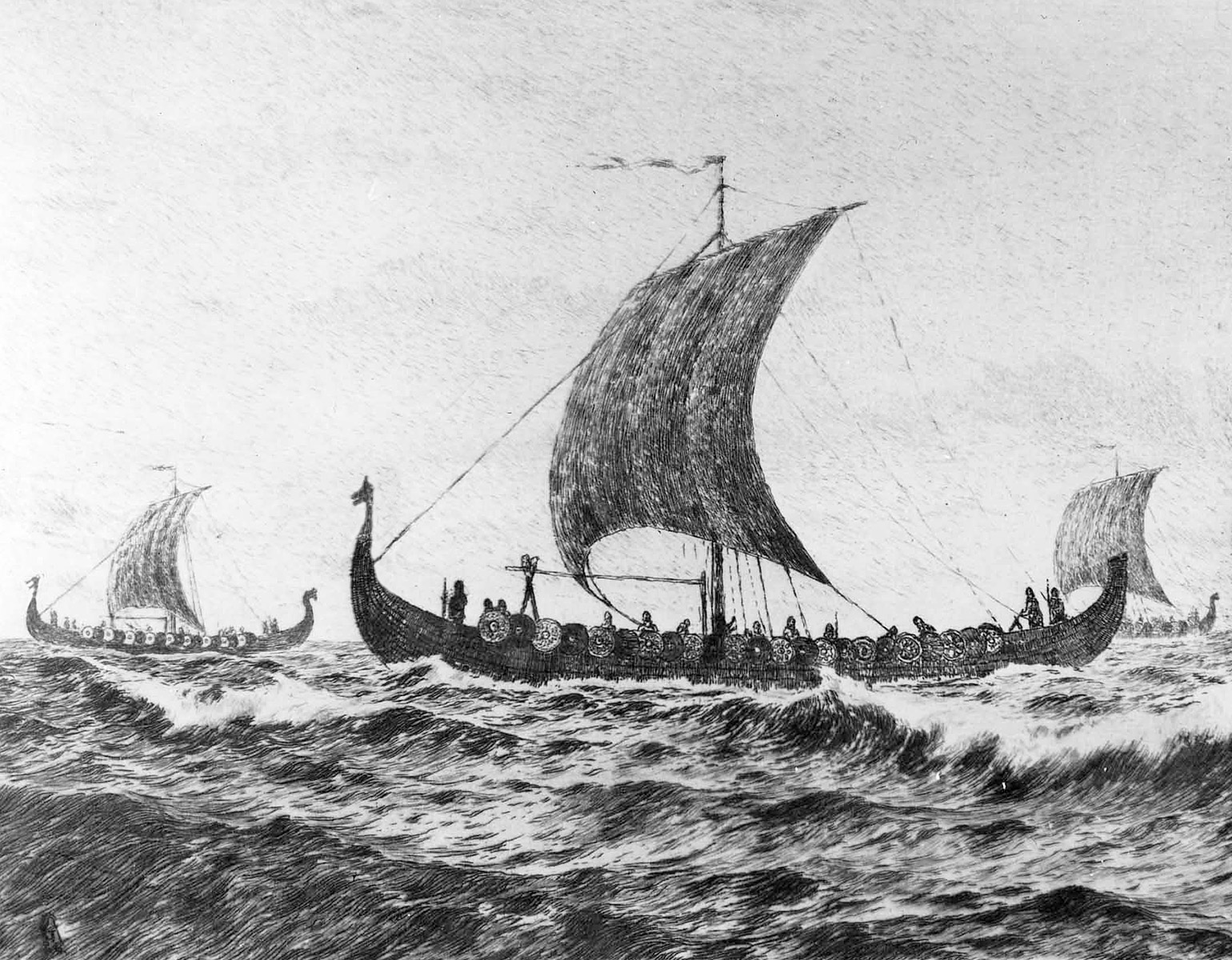 Tre vikingaskepp på öppet hav.