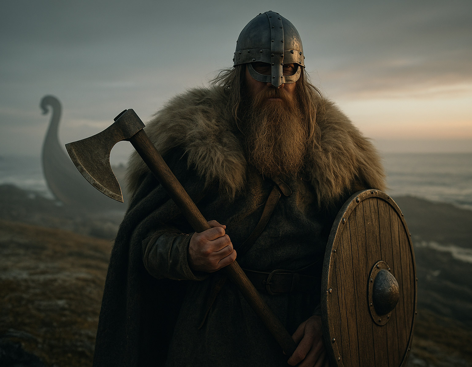 Vikingakrigare på en strand med ett skepp i bakgrunden.