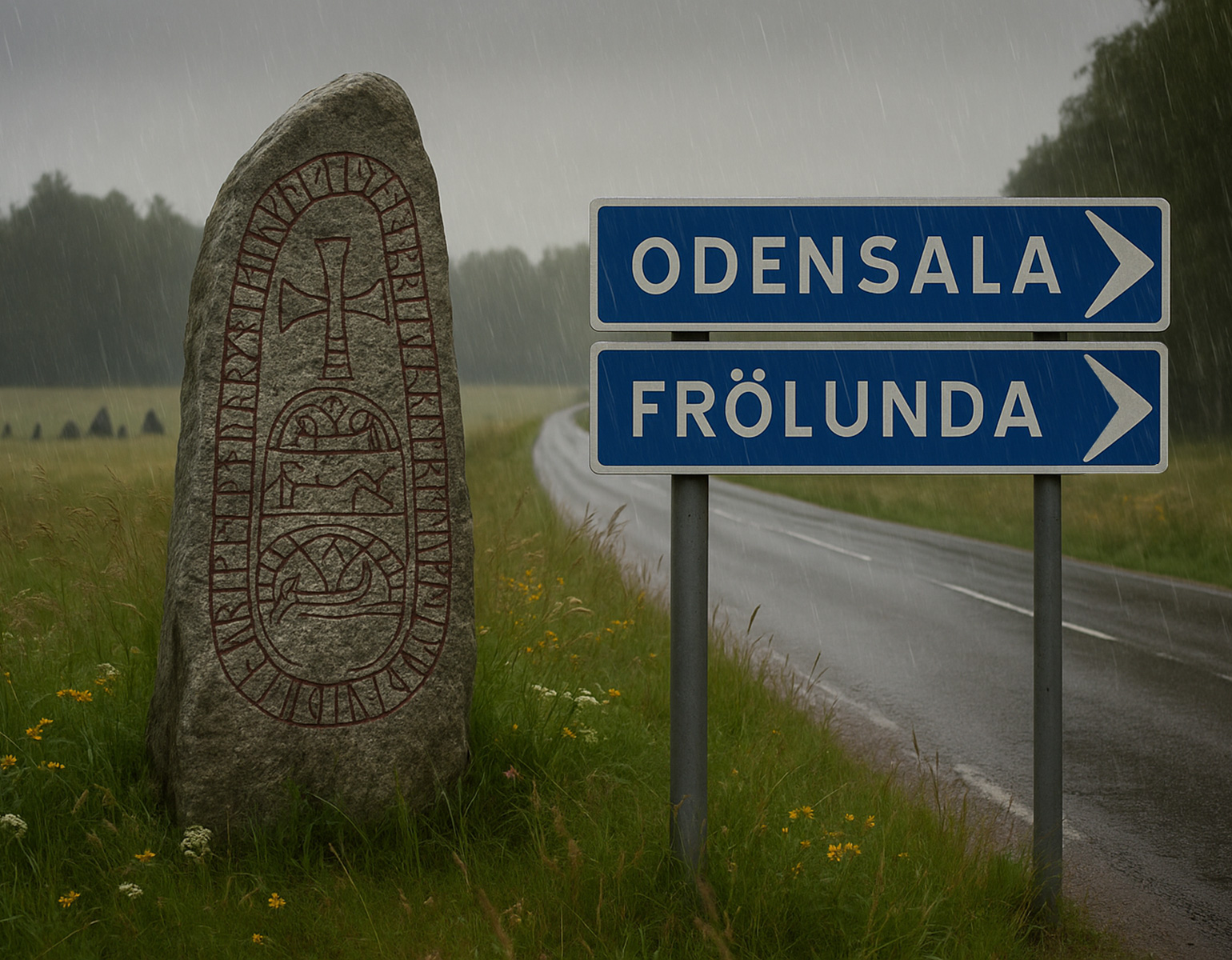 Runsten och vägskyltar med ortnamn som härrör från vikingatiden.