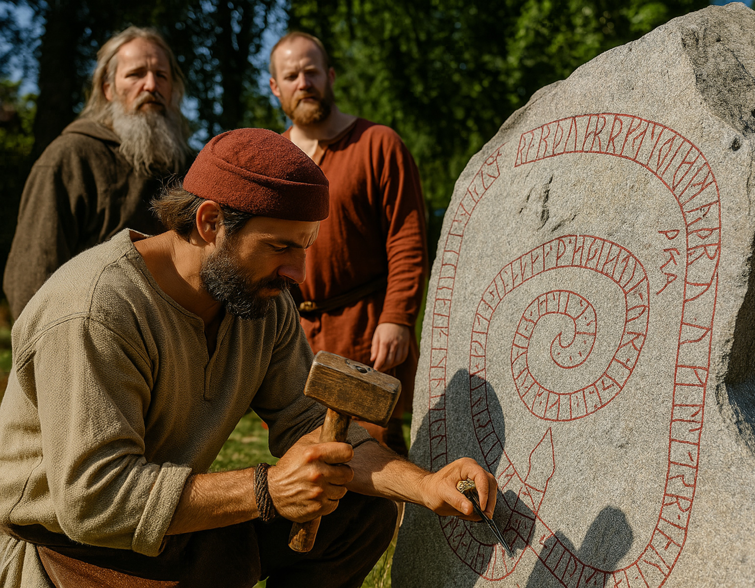 En hantverkare som ristar in runor på en runsten.