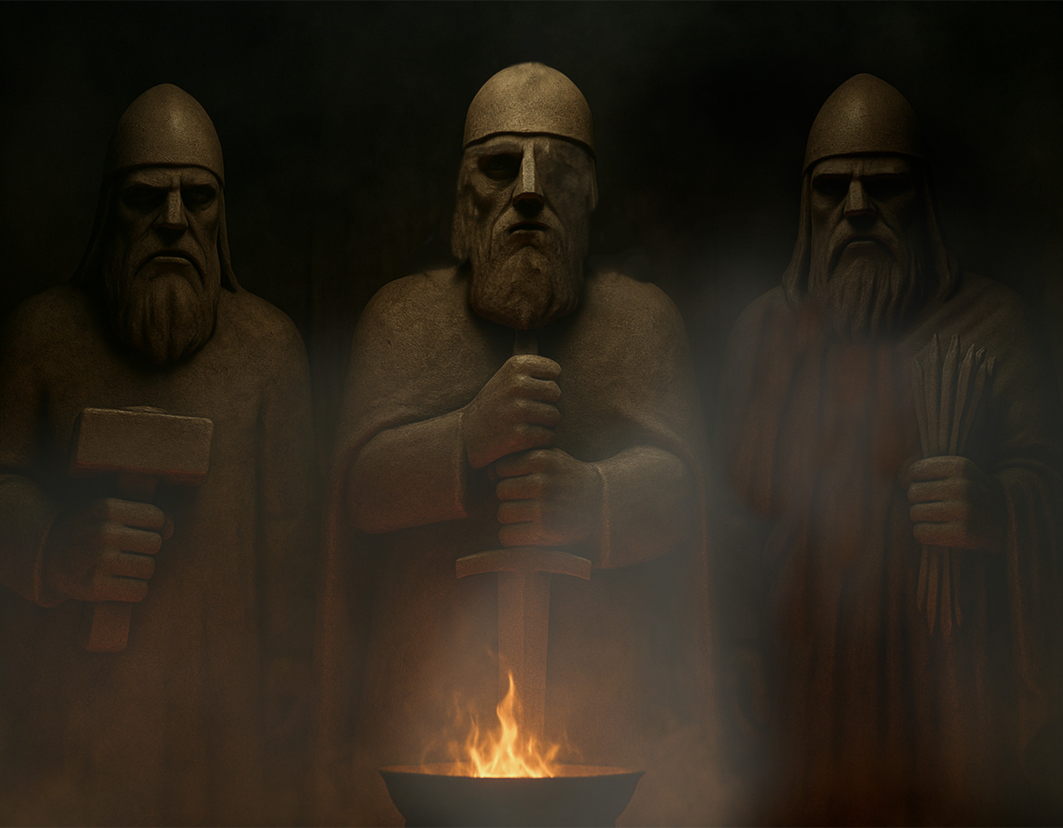 Oden, Tor och Frej - statyer i ett tempel.