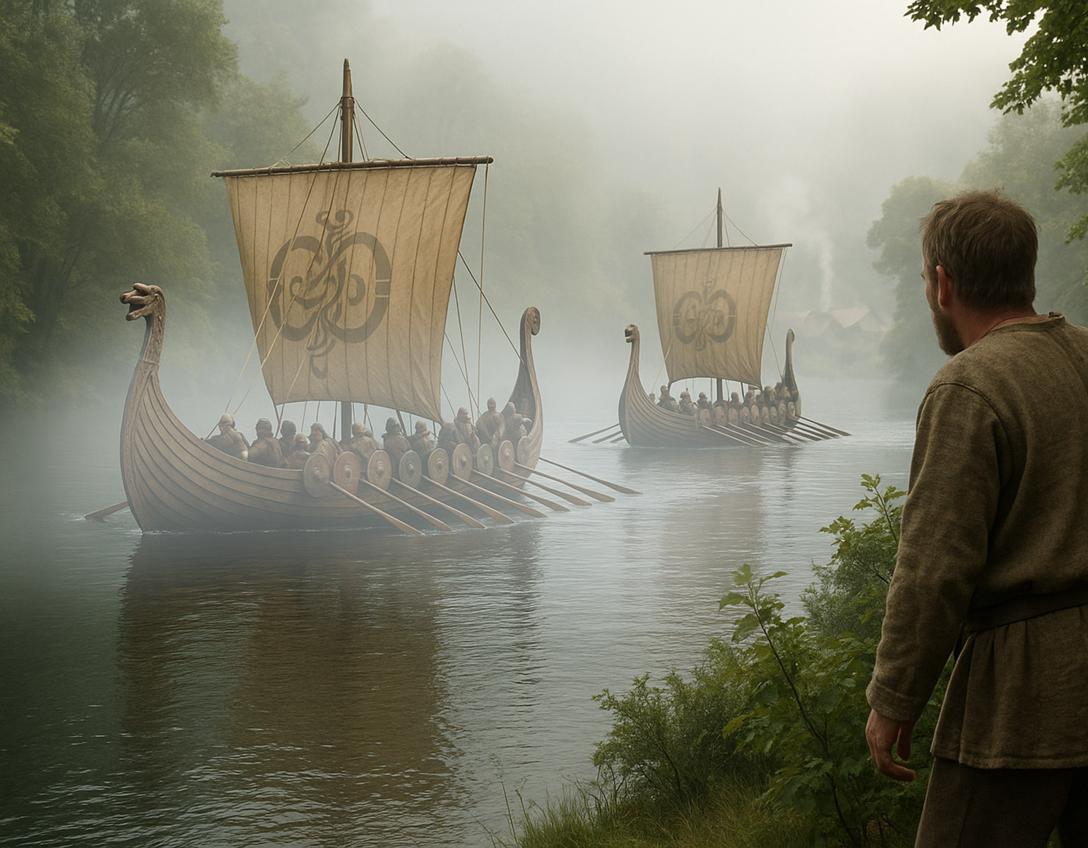 Två vikingaskepp på en flod. En bonde betraktar dem misstänksamt från strandkanten.