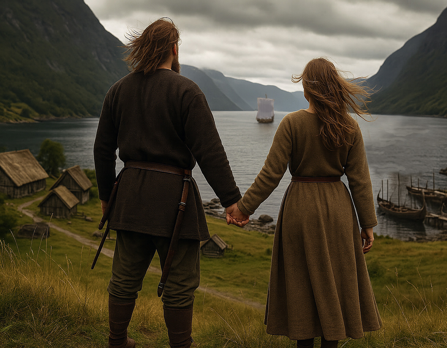 En man och en kvinna som blicakar ut mot ett vikingaskepp som seglar bort mot horisonten.
