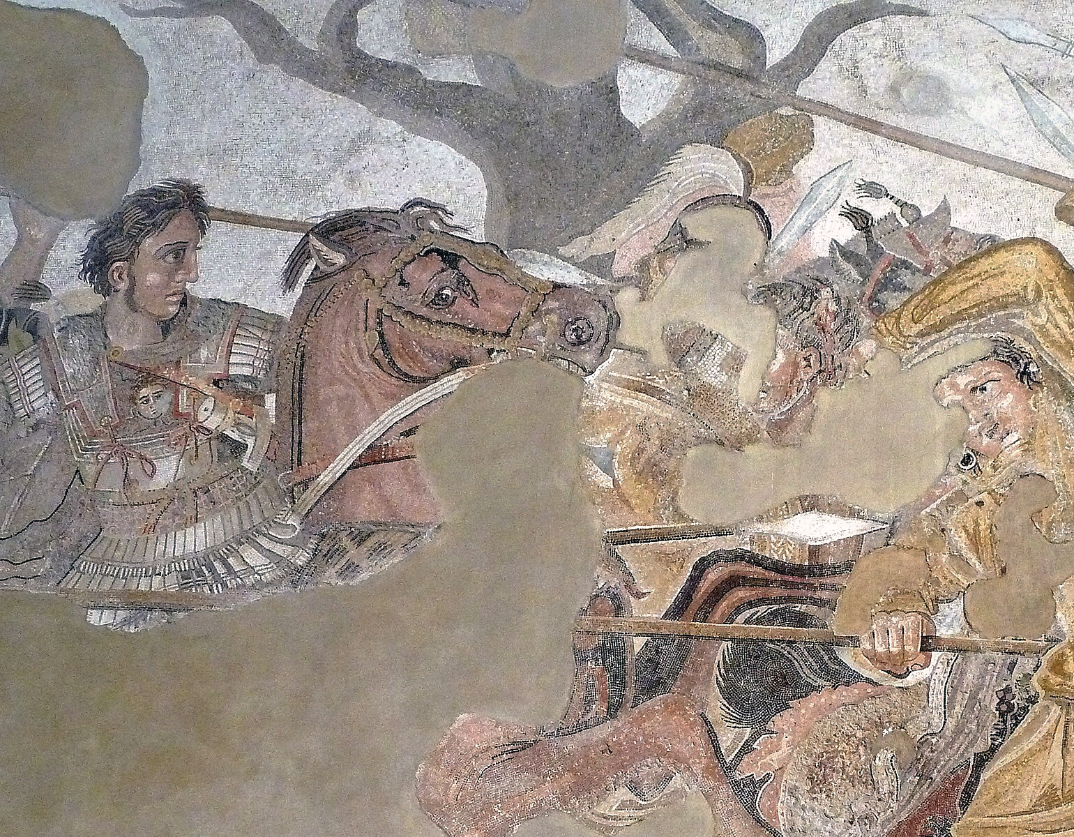 Mosaik med motiv som föreställer Alexander i strid.