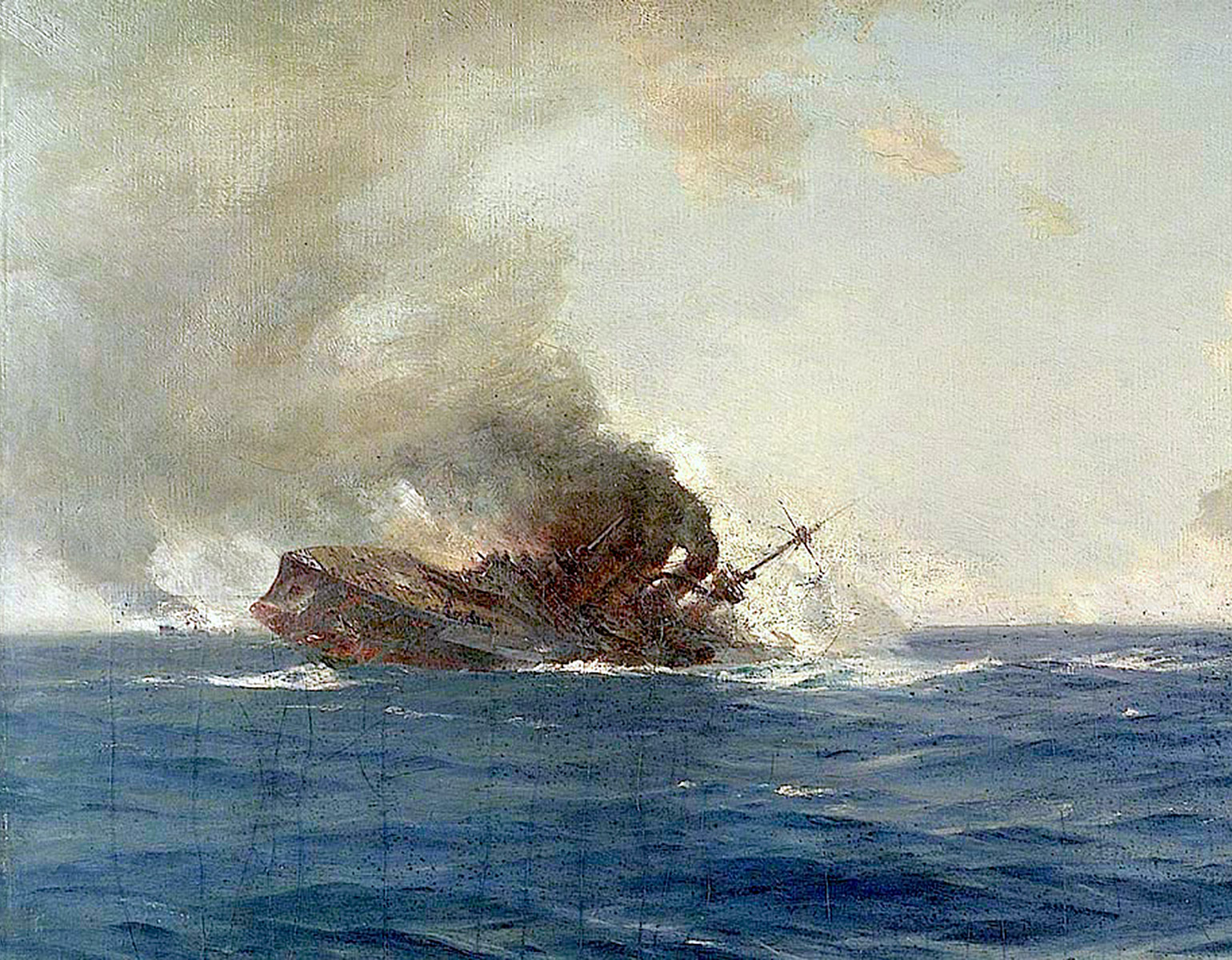 Ett tyskt fartyg med slagsida i brand på havet.