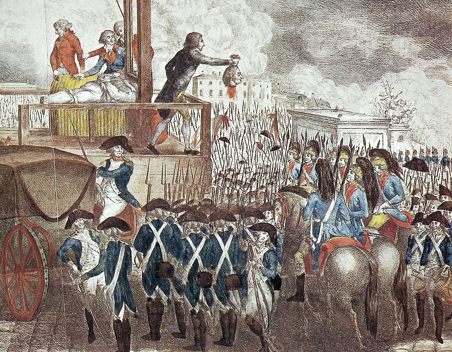 Ludvig XVI:s huvud hålls upp vid giljotinen framför en folkmassa.