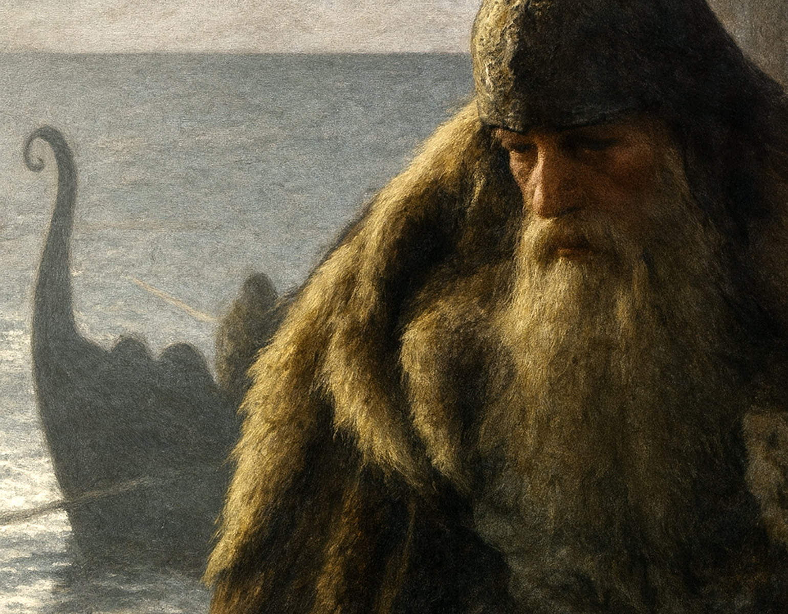 Vikingakrigare med ett skepp i bakgrunden.