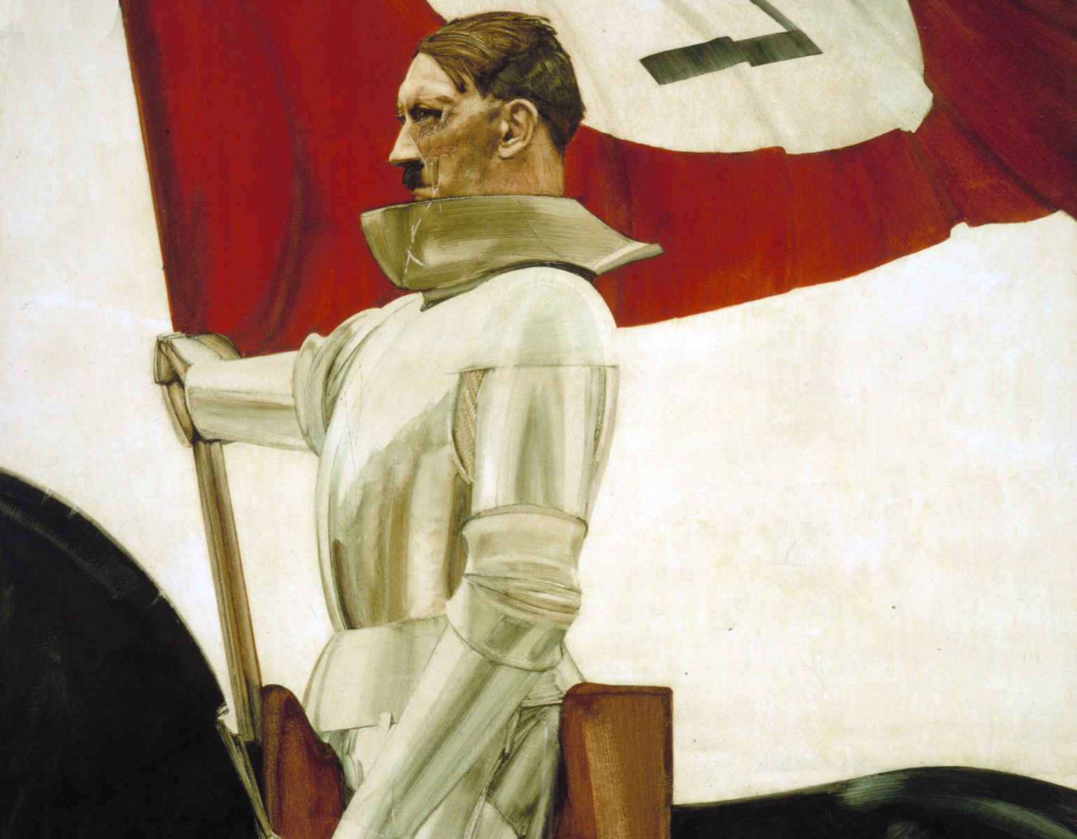 Hitler iförd rusning sittandes på en stridshäst. han håller en fana med naziflaggan. Propagandaposter.
