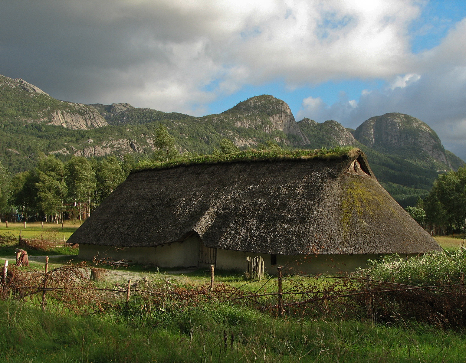 Ett långhus - järnåldsersgård - med kuperad vild natur i bakgrunden.