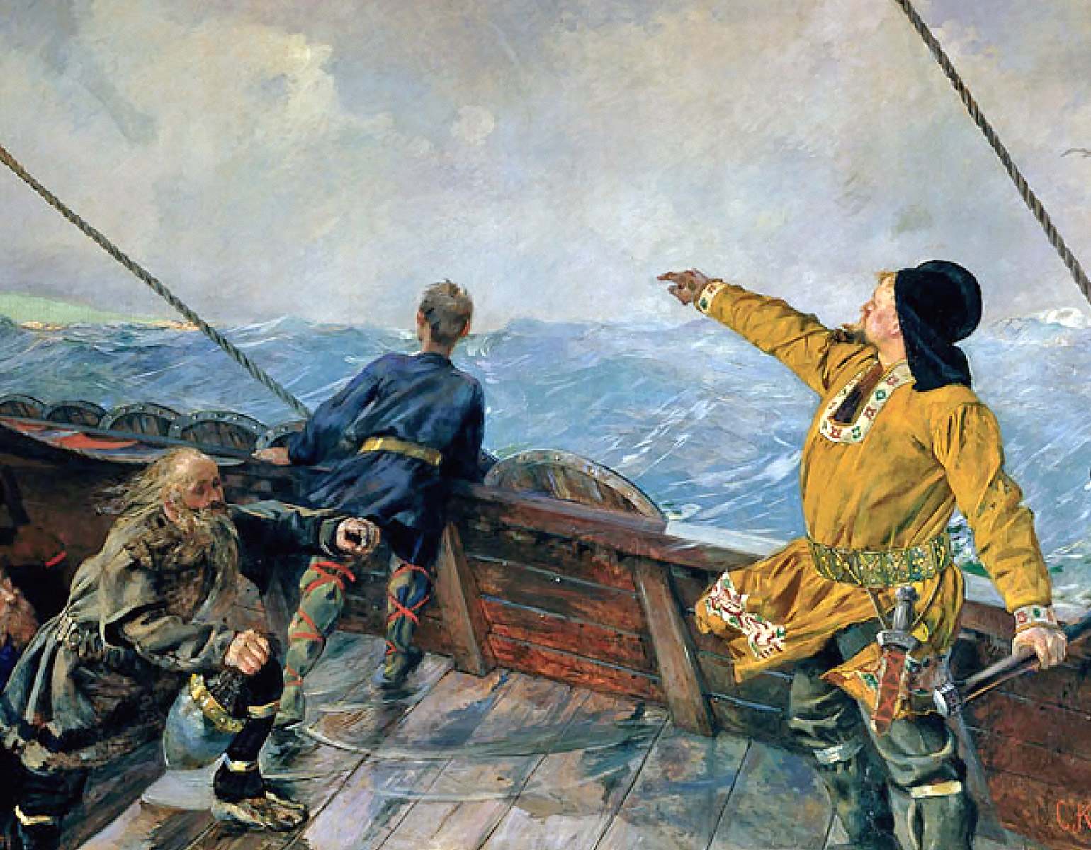 En man som pekar från ett skepp mot land.