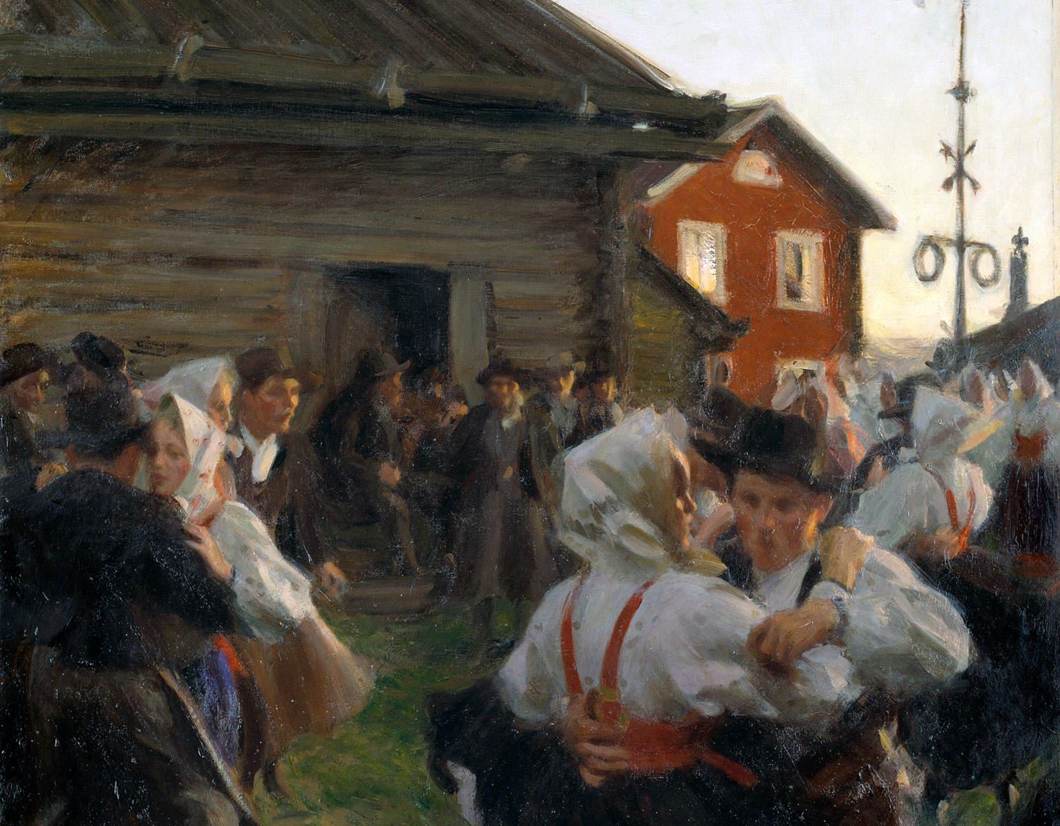 Dansande par vid en gård på landet.