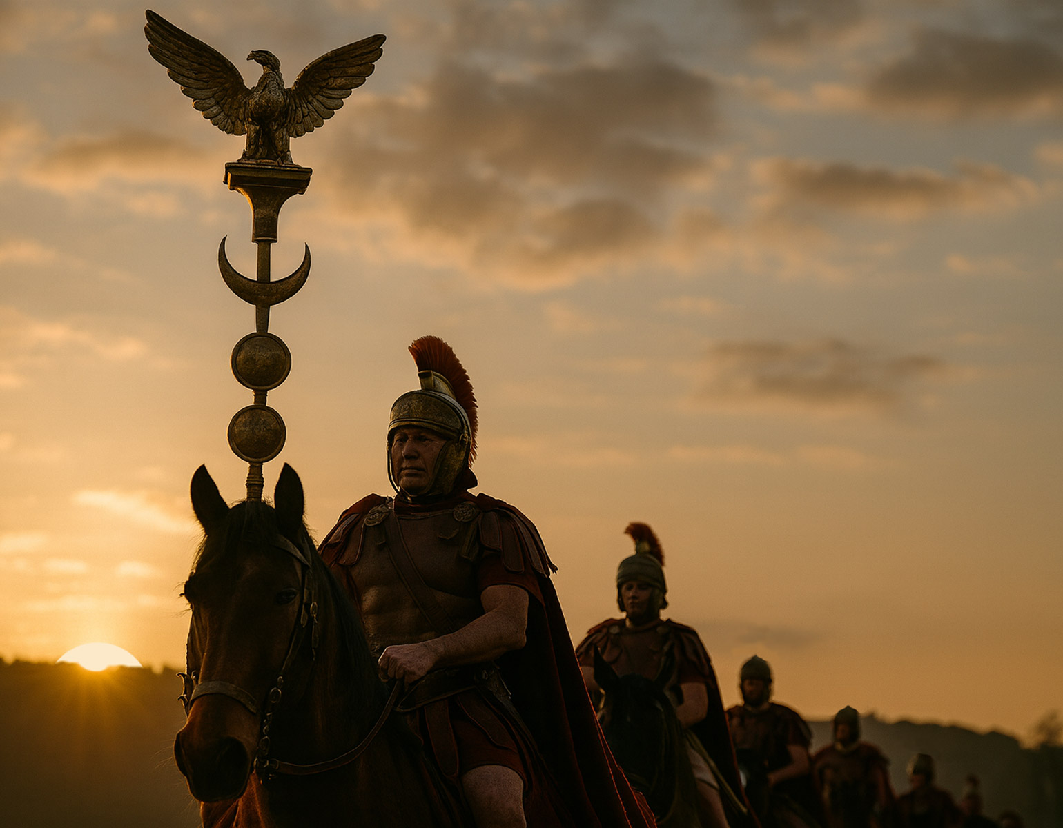 Romerska legionärer marcherar i soluppgången.