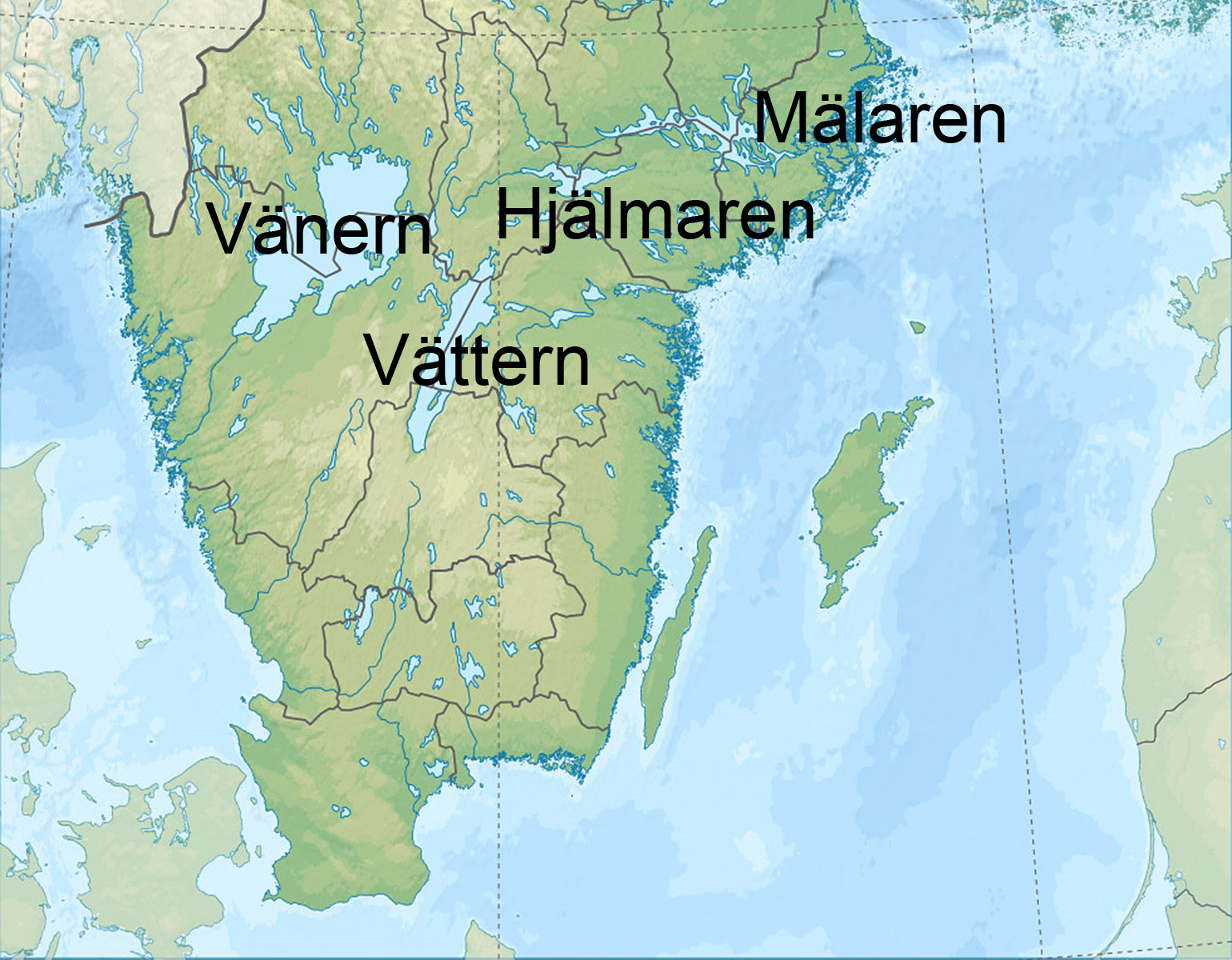 Karta som visar de fyra största sjöarna.