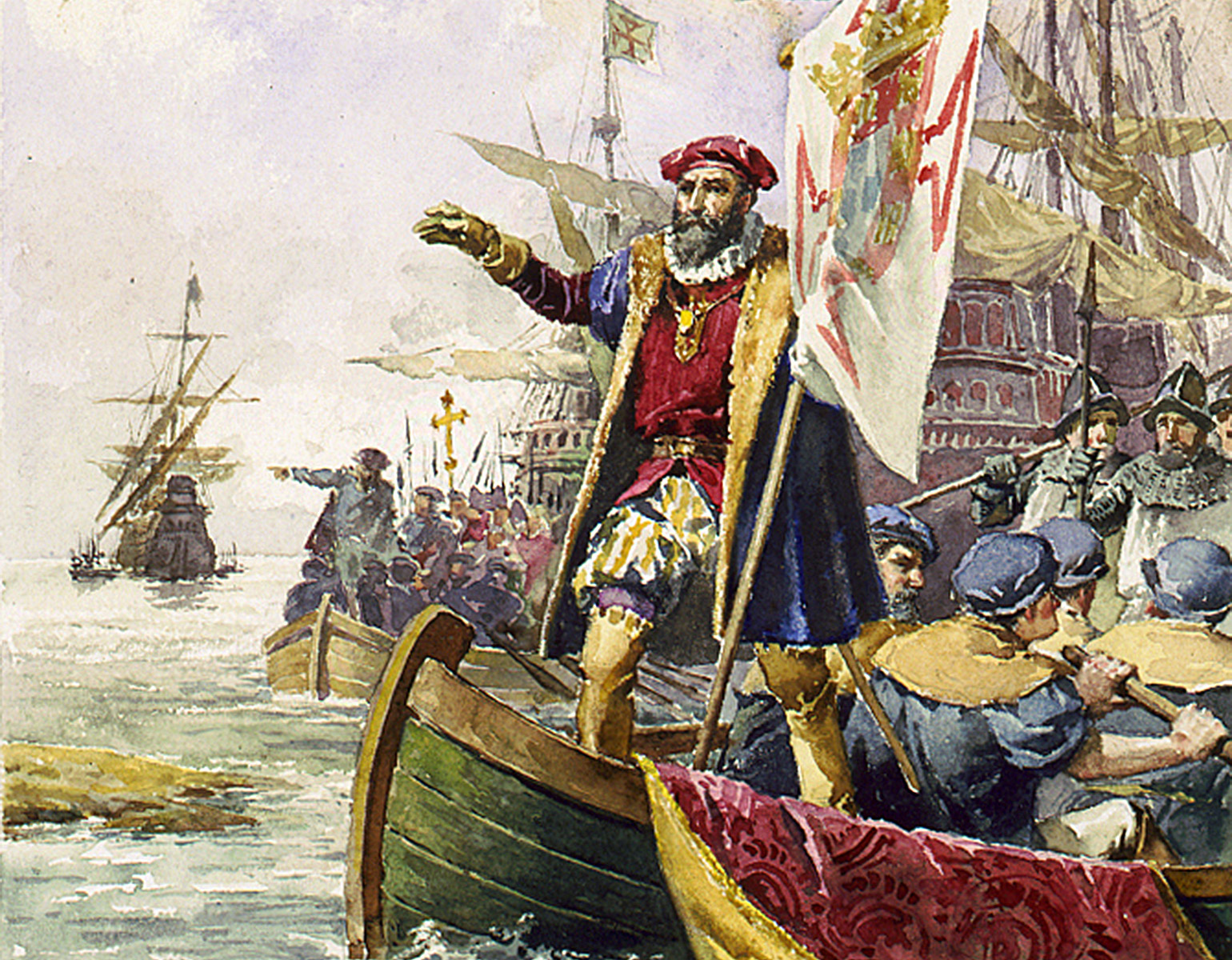 Da Gama står och pekar mot land i en roddbåt bredvid sitt fartyg.
