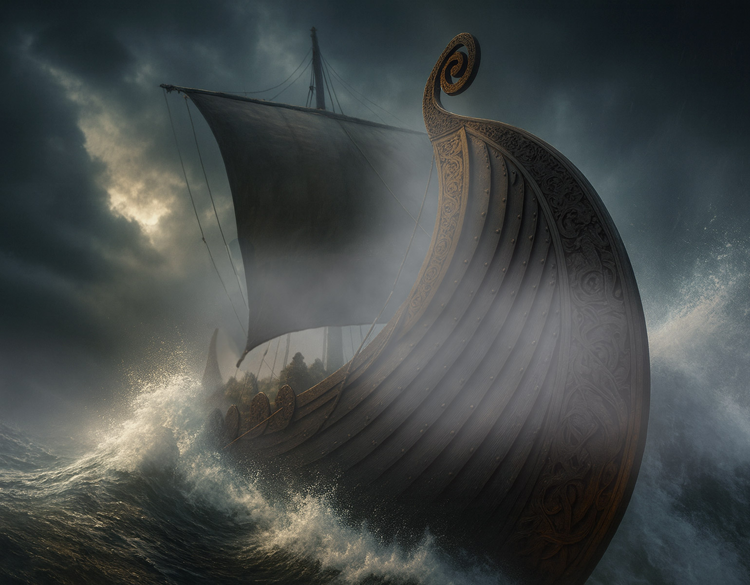 Vikingaskepp för fulla segel över ett upprört hav.