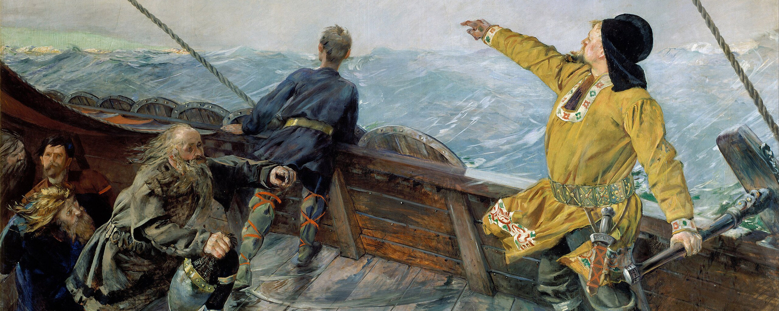 Målning som föreställer Leif Eriksson som står på ett skepp och pekar mot land.
