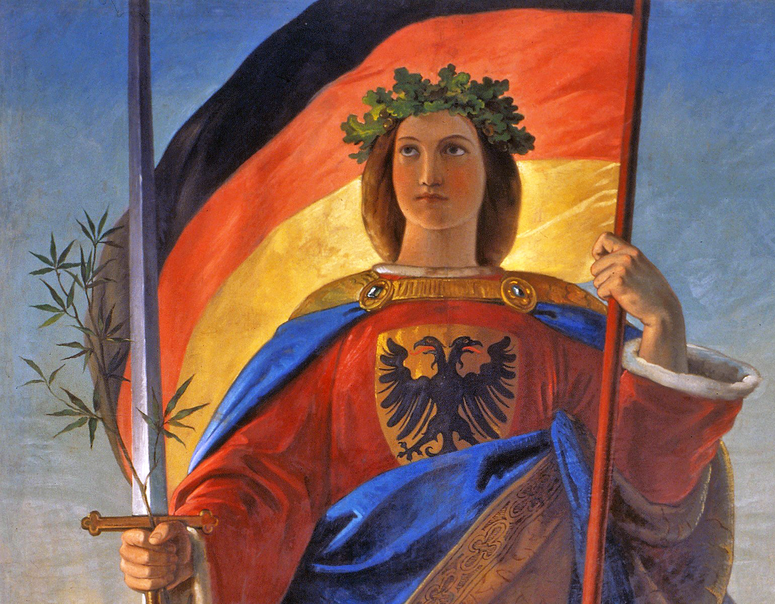Gudinnan Germania med en tysk flagga och ett svärd.