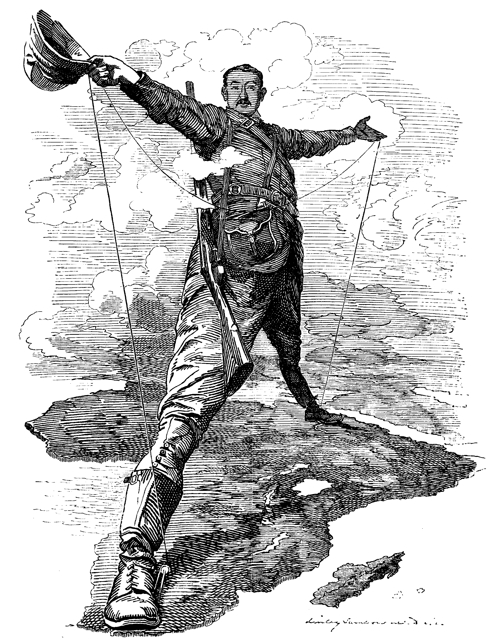 En man som står bredbent över Afrika. En kolonialistisk teckning.