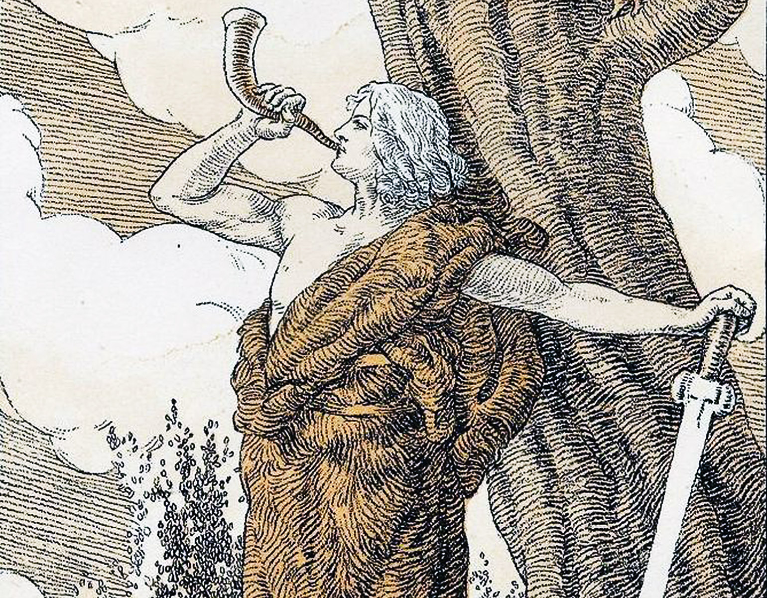 En järnålderskrigare som blåser i ett horn.