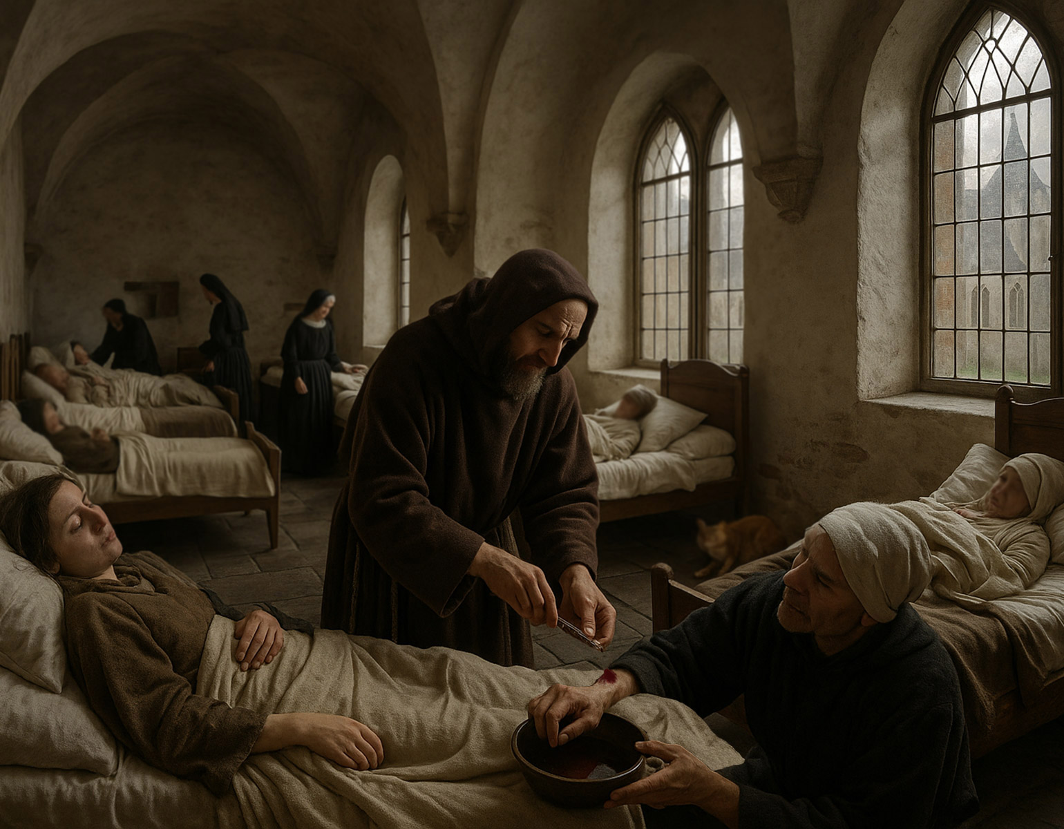 Sjukhussal i ett kloster där patienter i sängar tas om hand av munkar och nunnor.