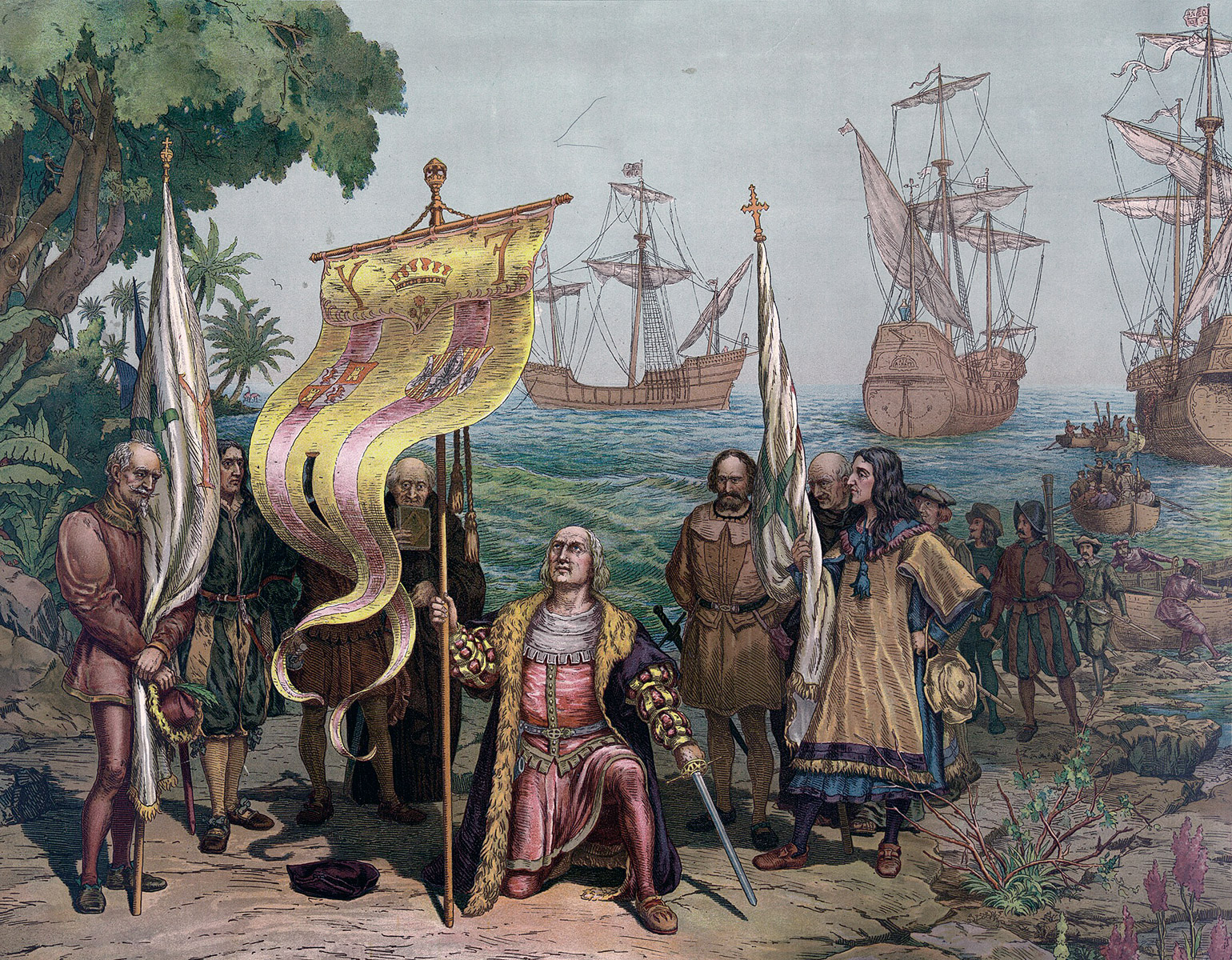 Columbus och flera soldater på en strand.