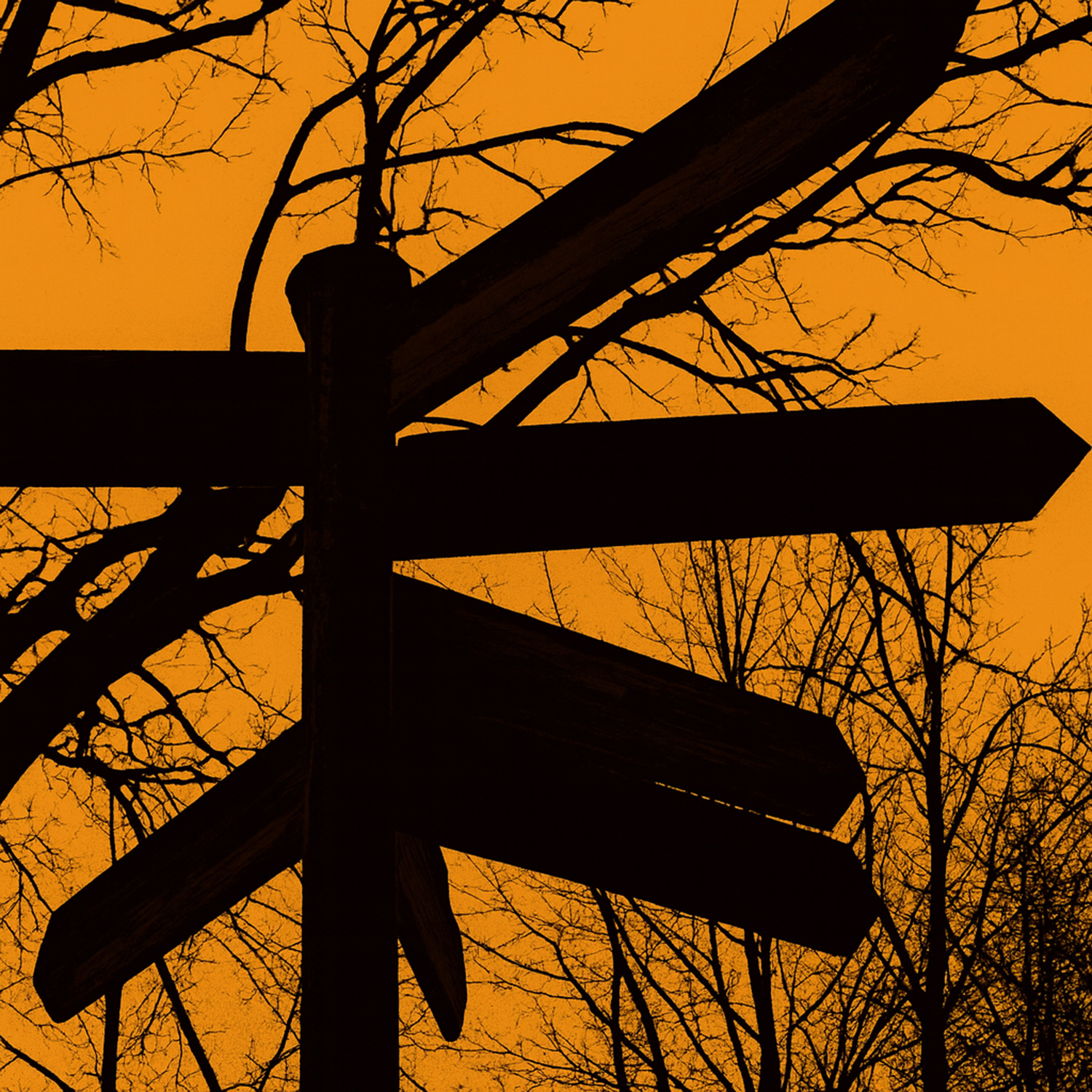 En stolpe med många olika vägangivelser och riktningar som pekar åt olika väderstreck.