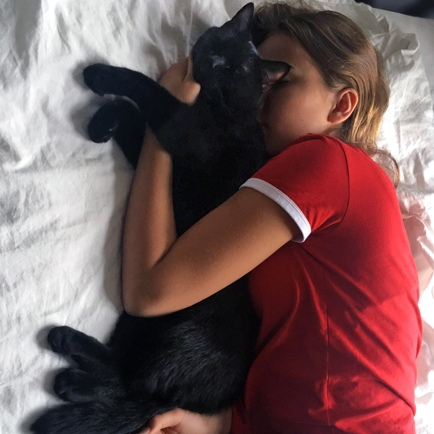 En flicka som ligger i en säng och kramar en stor svart katt.
