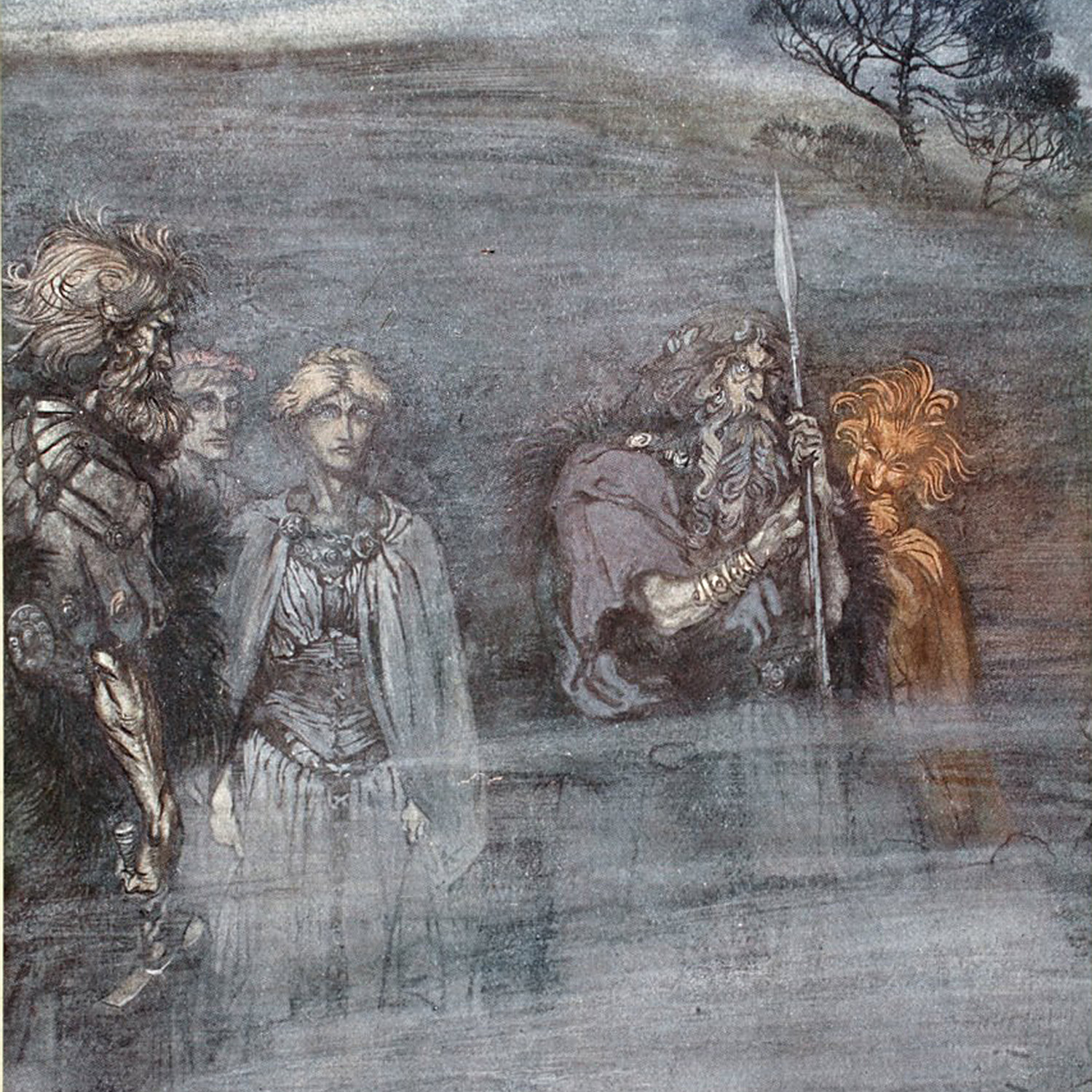 Några viktiga asagudar har möte i en dimmig lund.