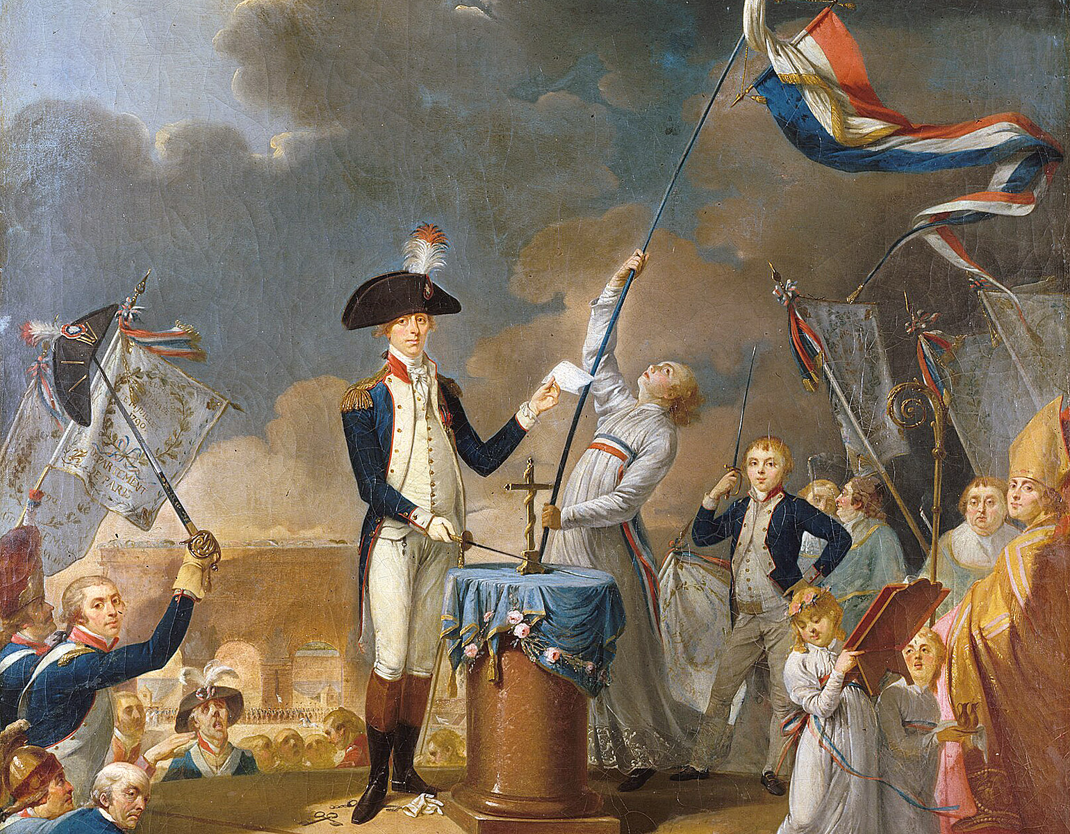 Målning där La Fayette hissar den franska flaggan.